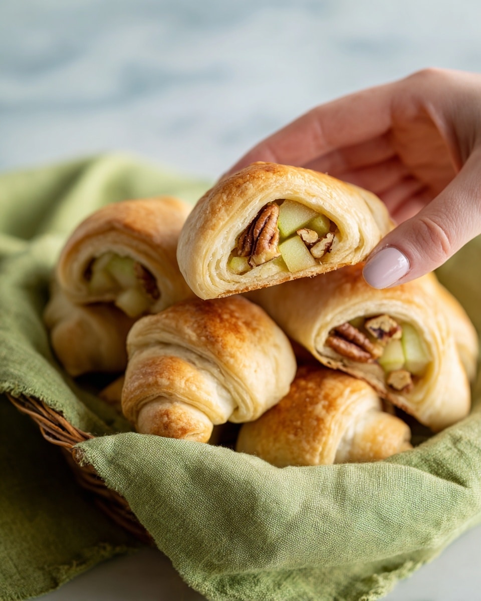 The image shows a close-up of small crescent roll pastries with a soft, golden-brown crust that looks slightly crispy on the outside. Inside each pastry, there are visible layers of light green slices of pear and pieces of brown nuts, possibly pecans, peeking out from the folds. The pastries are placed in a basket lined with a green cloth, set against a soft white marbled surface. A woman's hand gently holds one of the pastries on the side. photo taken with an iphone --ar 4:5 --v 7