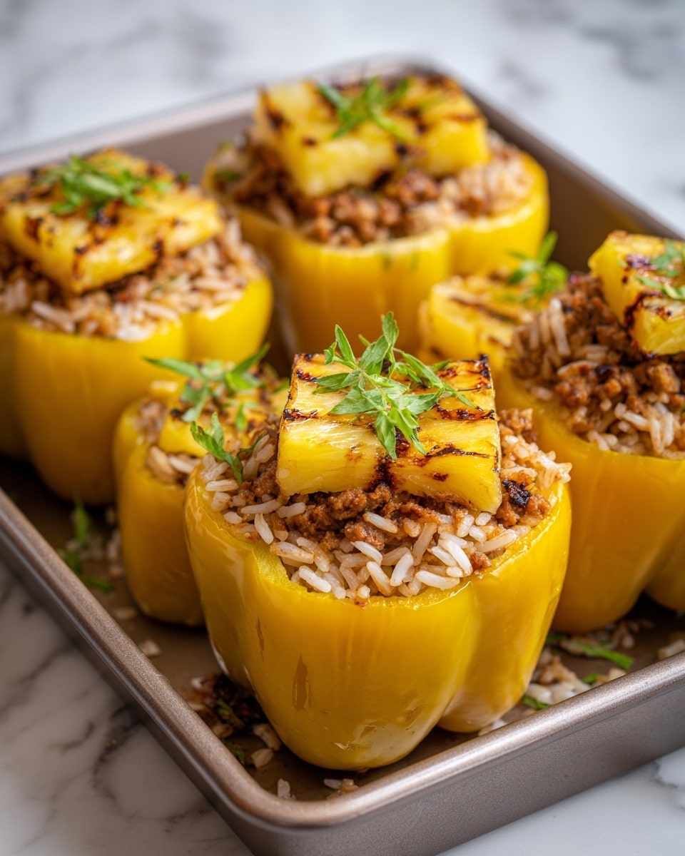 The image shows a group of yellow bell peppers cut in half and placed upright in a baking tray. Each half is filled with several layers: a base of cooked rice that looks soft and light beige, topped with browned ground meat mixed with some spices, and finally garnished with golden-brown grilled pineapple chunks and sprinkled with small green herbs. The bell peppers have a shiny, smooth skin and their vibrant yellow color contrasts well with the filling inside. The tray is set on a white marbled surface. Photo taken with an iphone --ar 4:5 --v 7