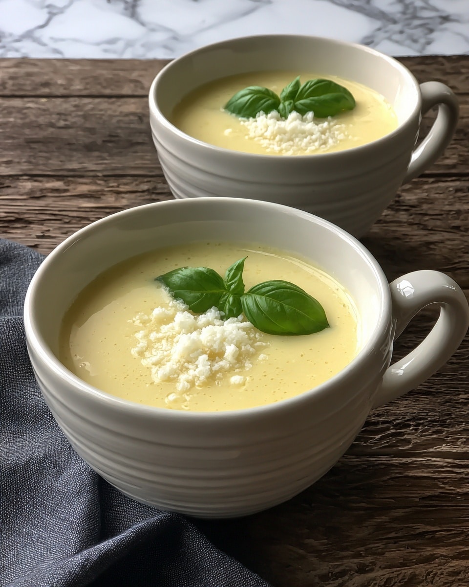 The image shows two white ceramic cups filled with smooth pale yellow soup. Each cup has a small pile of white crumbled topping and a fresh green basil leaf placed on top. The cups have a simple, slightly textured design and are placed on a rustic wood surface with a dark gray cloth nearby. The background features a white marbled texture. photo taken with an iphone --ar 4:5 --v 7