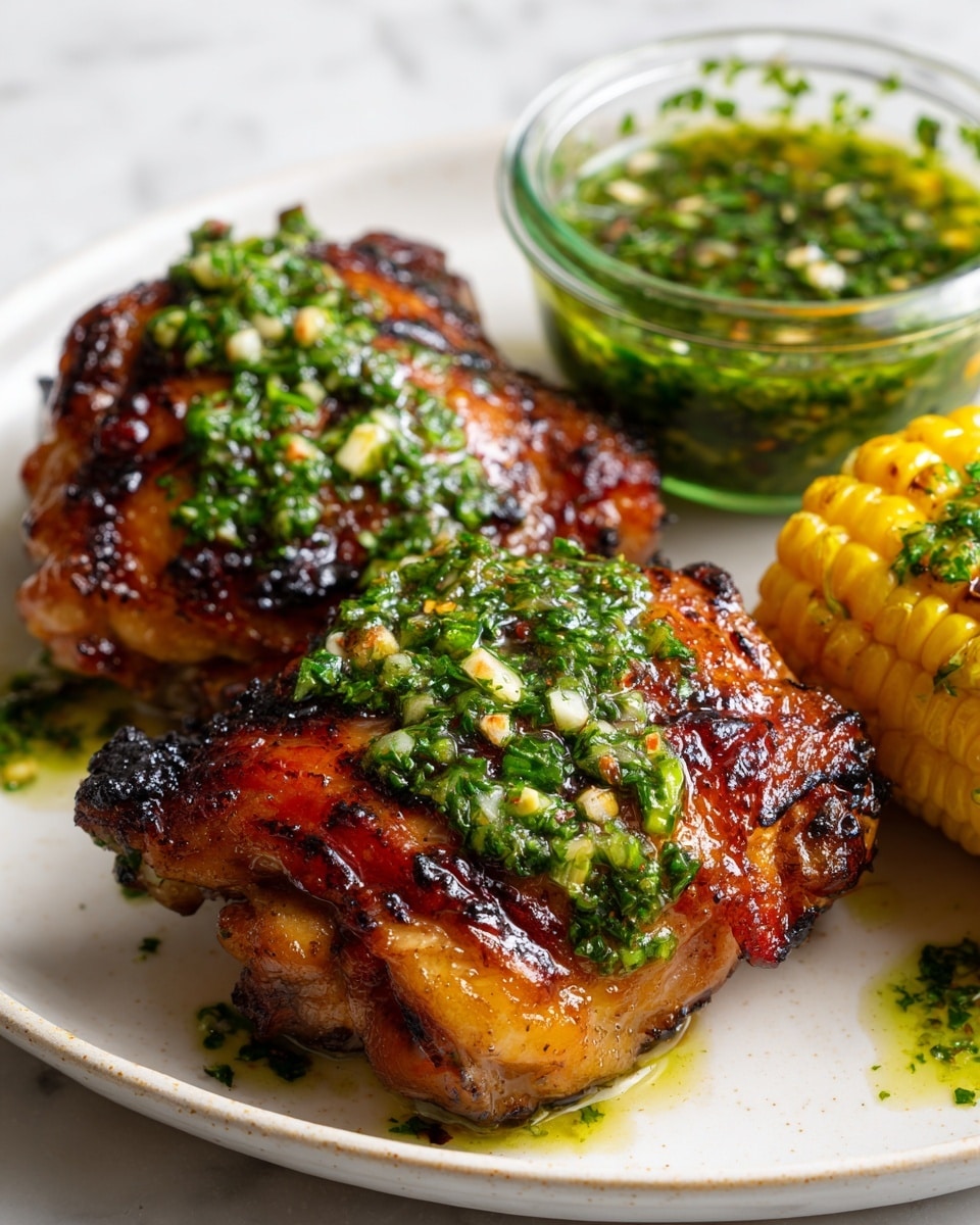 The image shows two pieces of grilled chicken thighs placed side by side on a white plate with a white marbled texture background. The chicken has a crispy, golden-brown skin with char marks and is topped with a bright green herb sauce that looks like chimichurri, with visible chopped herbs and small bits of garlic. To the top right of the chicken, there is a small glass bowl filled with more of the green herb sauce. To the far right, there is a piece of yellow grilled corn with some of the same green herb sauce drizzled on top. The lighting highlights the shiny, moist texture of the chicken and sauce, making the dish look fresh and tasty. photo taken with an iphone --ar 4:5 --v 7