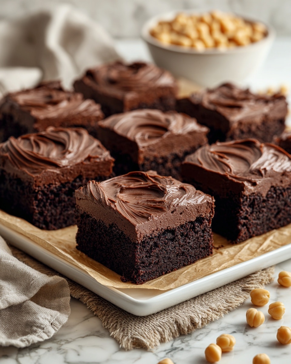 The image shows nine square pieces of rich chocolate brownies arranged in three rows on a white baking tray lined with brown parchment paper. Each brownie has two distinct layers: the bottom layer is dark and moist chocolate cake with a slightly crumbly texture, while the top layer is thick, smooth, and glossy dark chocolate frosting with visible swirled patterns. The tray sits on a rough beige cloth, and there are scattered light yellow chickpeas around the tray on a white marbled surface. In the background, a white bowl filled with chickpeas is partially visible. photo taken with an iphone --ar 4:5 --v 7