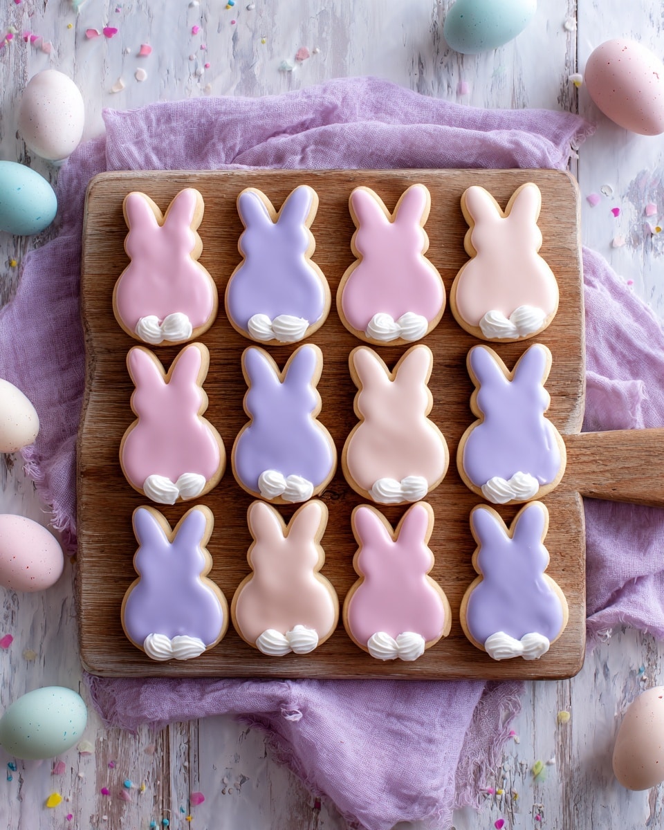 Nine bunny-shaped cookies are evenly placed in a 3x3 grid on a wooden board. Each cookie is smoothly iced with pastel colors, alternating between soft pink and light purple. At the lower side of each bunny, there is a small white swirl of icing representing a fluffy tail. The board rests on a lavender cloth, and nearby pastel speckled eggs and round confetti pieces in pink, purple, yellow, and white are scattered on a white marbled surface. Photo taken with an iphone --ar 4:5 --v 7