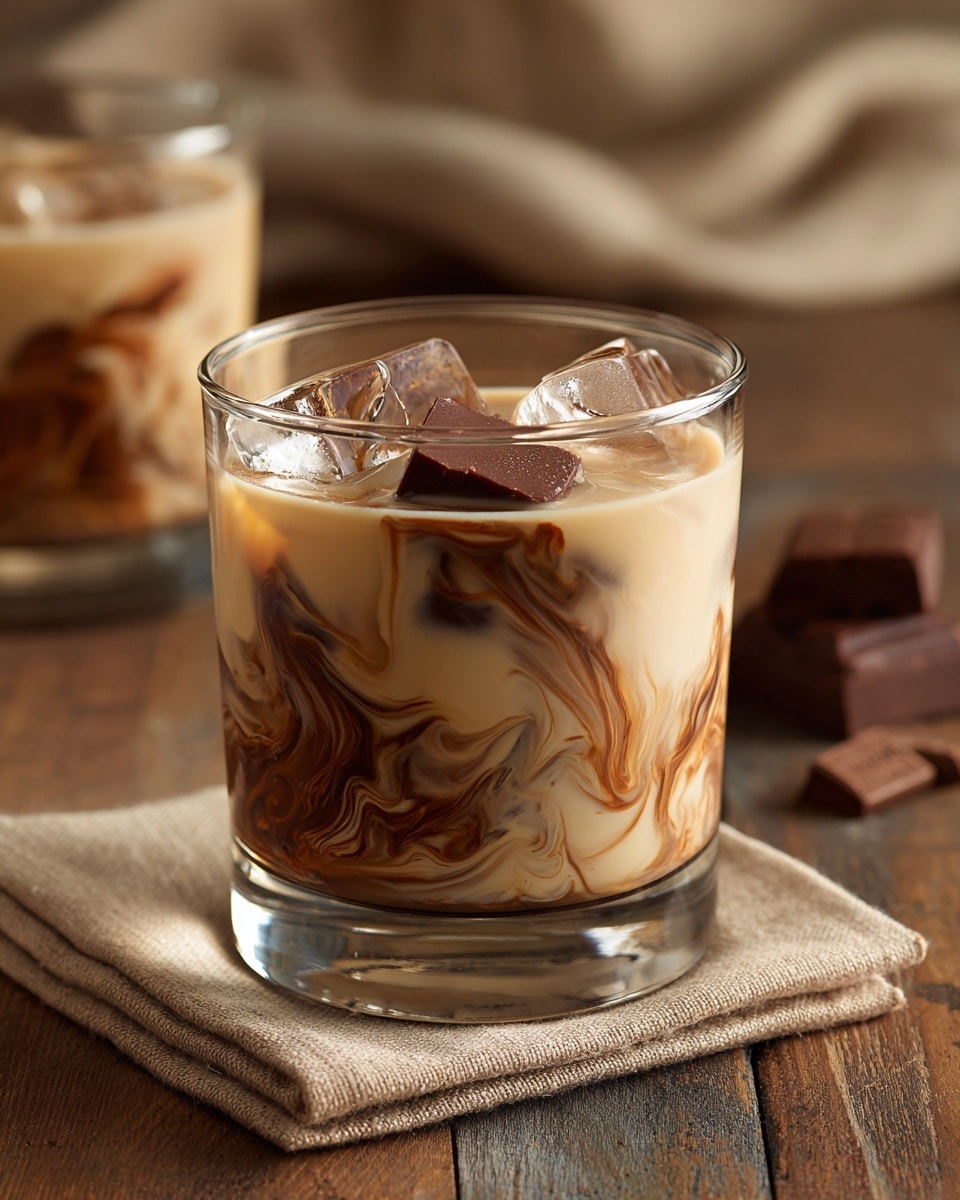 The glass holds a creamy drink with two clear ice cubes floating on top, along with a small piece of milk chocolate partially submerged, creating a rich brown swirl pattern that blends with the light beige creamy liquid, visible mainly in the lower half of the glass. The glass is placed on a beige cloth napkin over a wooden surface, with a blurred second glass and small chocolate pieces in the background, all set against a soft, draped beige fabric. photo taken with an iphone --ar 4:5 --v 7