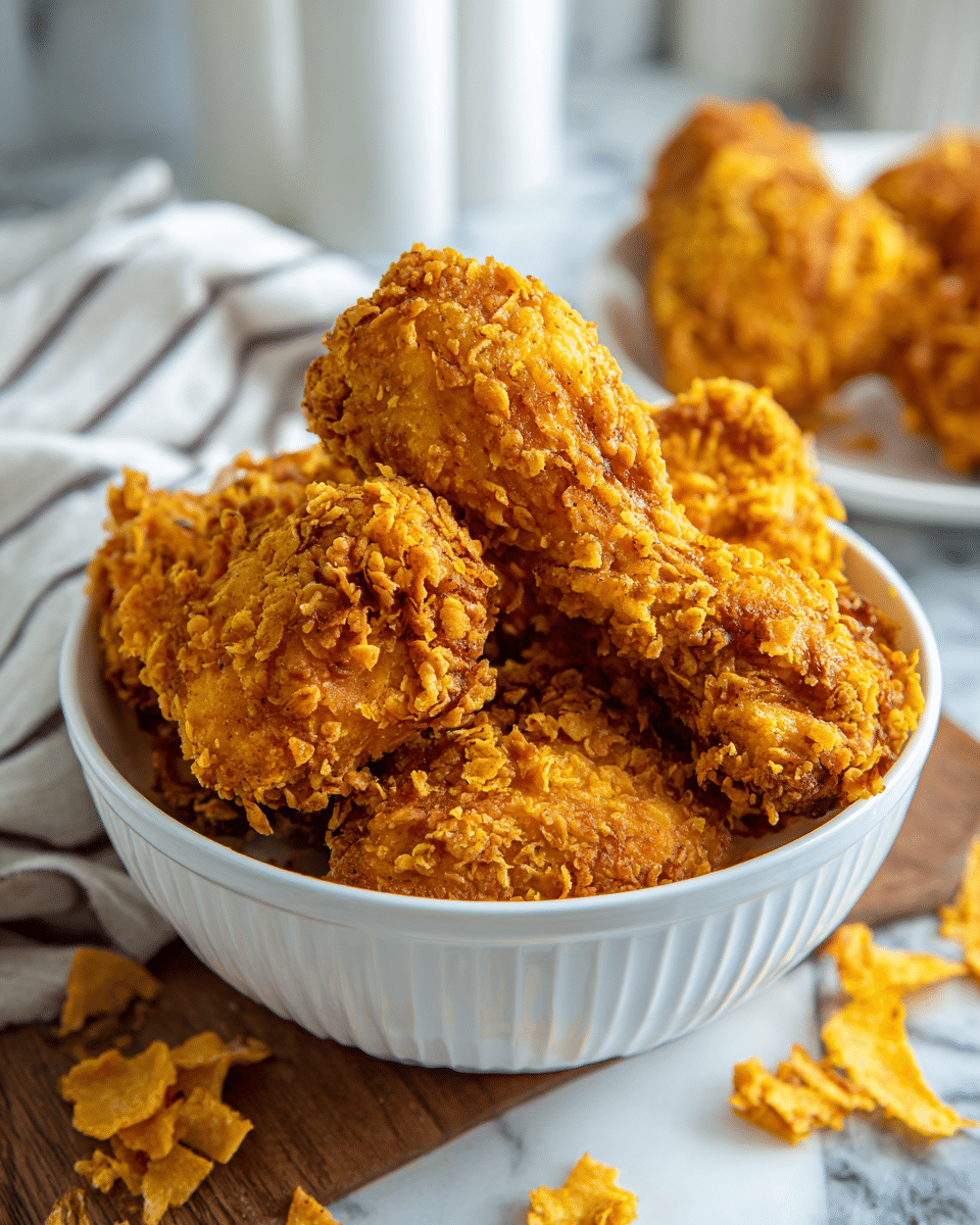 The image shows a white, ribbed bowl filled with crispy, golden-brown fried chicken pieces coated in a crunchy breading that looks textured with small yellow and light tan flakes. There are about five chicken pieces layered loosely inside the bowl, all showing uneven, rough surfaces from the crunchy crust. The bowl sits on a white marbled surface, and in the foreground, there are a few scattered yellow plantain chips with a slightly crispy texture. In the background, a blurred white plate with more food is partially visible along with a striped cloth. Photo taken with an iphone --ar 4:5 --v 7