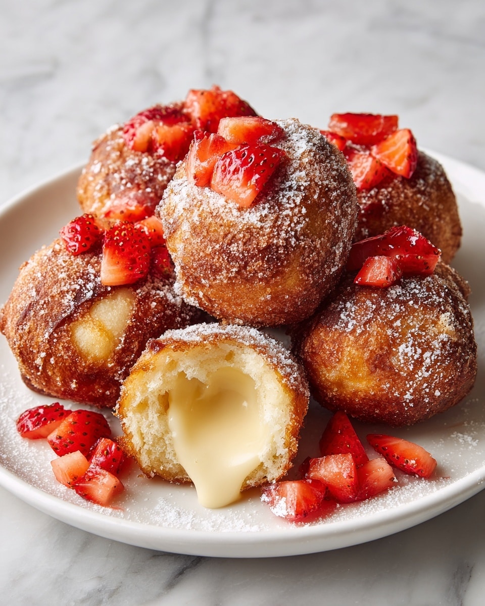 The image shows several golden-brown fried rolls with a crispy, cinnamon sugar-coated outer layer, arranged on a white plate with a white marbled surface underneath. One roll is cut open, revealing a smooth, creamy light yellow filling inside with a glossy texture. On top of this roll, there are two small, bright red strawberry pieces adding a fresh and vibrant touch. Around the plate, more chopped strawberries and a light dusting of powdered sugar are scattered, creating a colorful and textured contrast against the rolls. The scene is bright and close-up, highlighting the crispy texture and creamy filling clearly. photo taken with an iphone --ar 4:5 --v 7