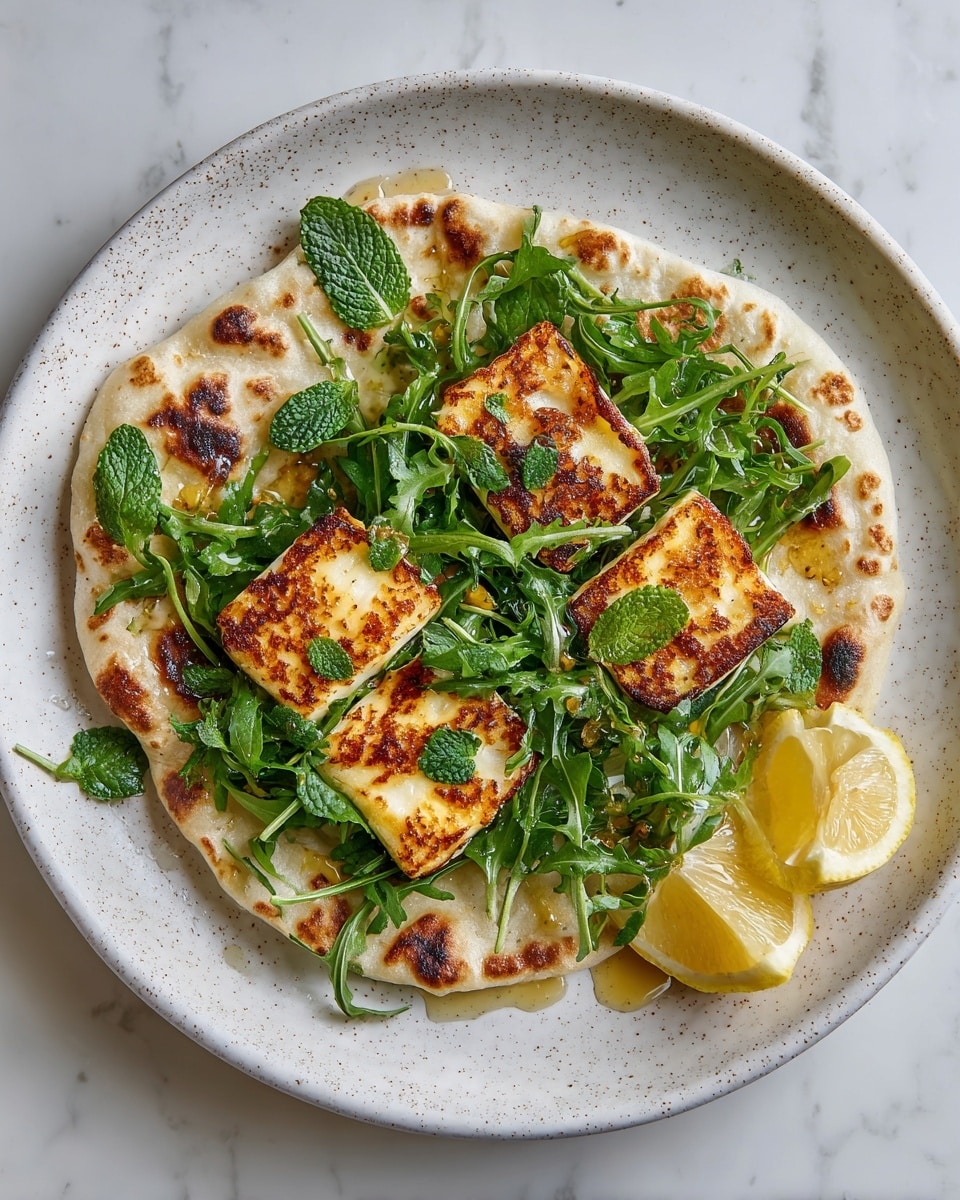 A round flatbread base with light browned spots holds a bed of fresh green arugula leaves spread evenly on top. On the greens, there are four pieces of golden-brown grilled cheese with crispy edges arranged in a loose line. Small green mint leaves are scattered around the cheese, adding freshness. Honey is being drizzled over the cheese, creating shiny amber streams that catch the light. Two lemon wedges sit on the side of a plain white plate with a speckled texture. The scene is set on a white marbled surface photo taken with an iphone --ar 4:5 --v 7