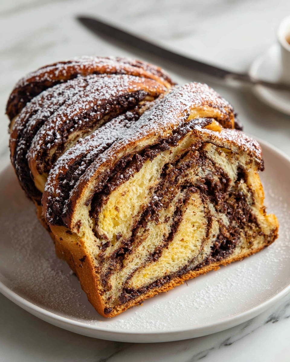 A sliced loaf of twisted bread with visible layers; the base layer is light golden brown with a soft, fluffy texture, and the upper layers are swirled with rich, dark chocolate filling, creating a marbled effect throughout. The top of the bread is dusted lightly with powdered sugar, adding a touch of white contrast over the glossy chocolate and golden crust. The loaf is placed on a white rectangular plate, set on a white marbled surface. Photo taken with an iphone --ar 4:5 --v 7