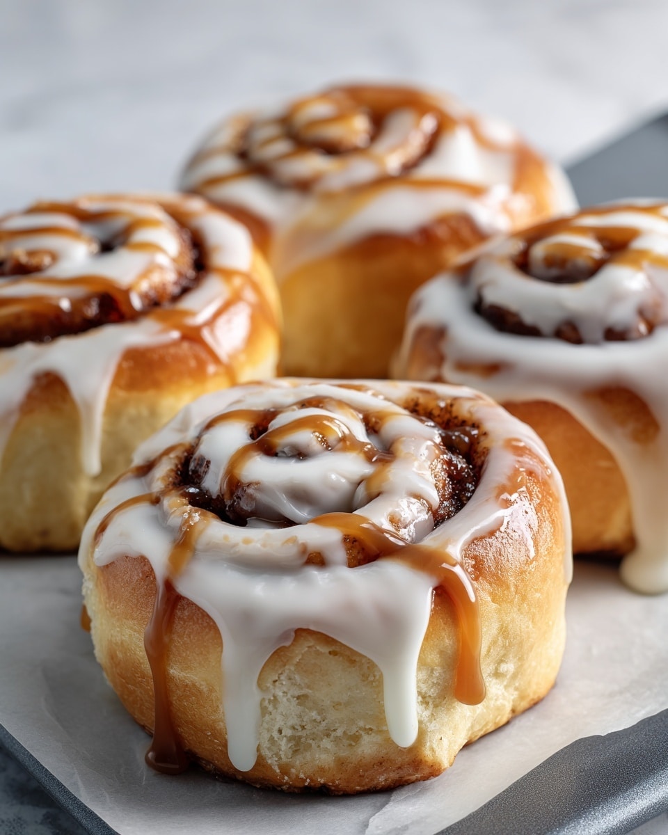 Four cinnamon rolls are shown close up on a white marbled surface, sitting on a gray baking tray. Each roll has a thick, soft golden-brown base with a spiral of darker brown cinnamon filling on top. White icing is drizzled generously over the rolls, flowing down the sides. There is also a smooth light brown caramel sauce drizzled over the icing, adding shine and extra layers on top. The texture of the rolls looks soft and fluffy, with the caramel and icing giving a glossy contrast. photo taken with an iphone --ar 4:5 --v 7