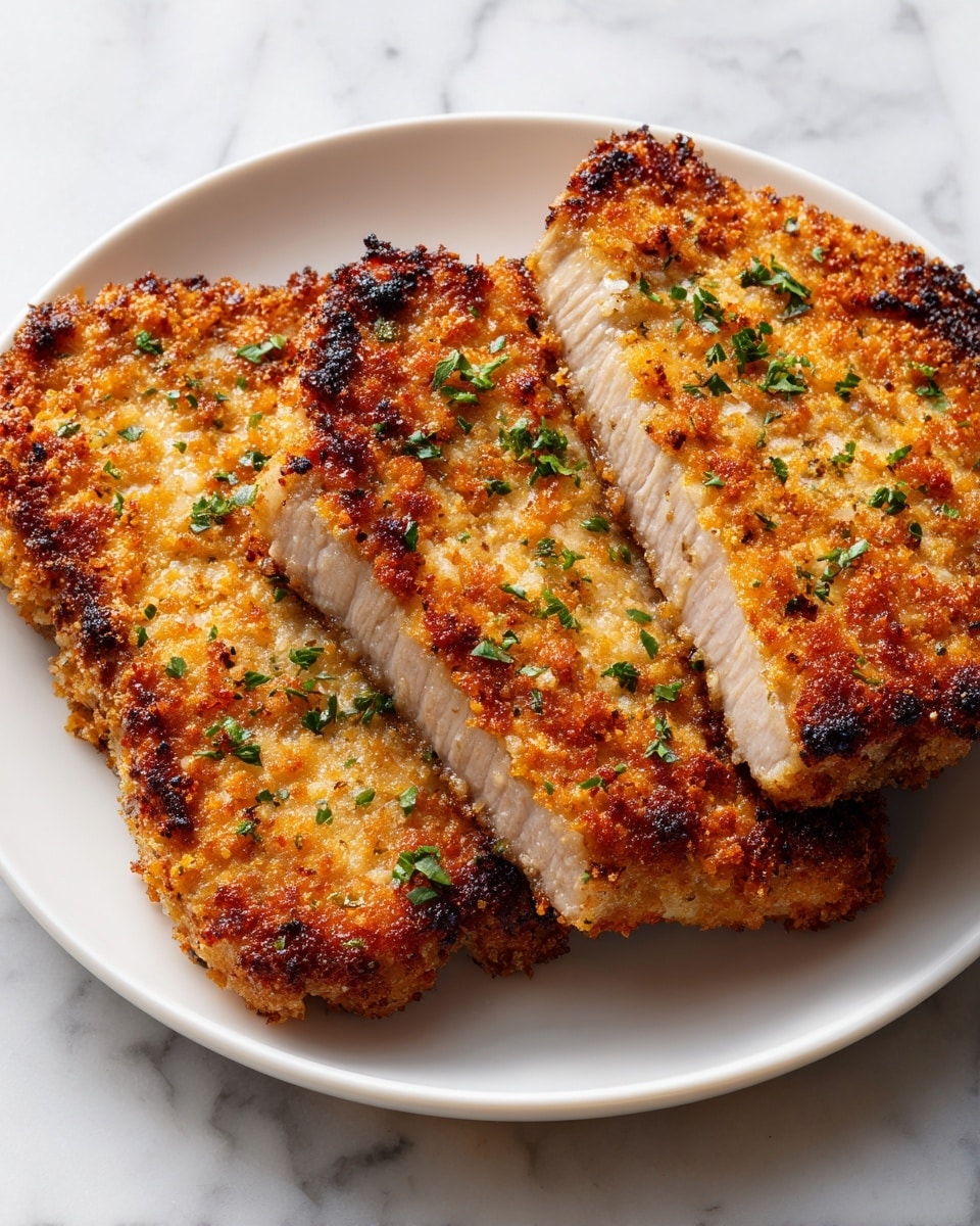 The image shows three thick pork chops coated with a golden-brown, crispy breadcrumb crust, topped with small green herb bits scattered evenly. The chops have a slightly charred, crunchy texture around the edges, indicating they are well-cooked. The pork meat underneath the crust looks moist and light beige in color. They sit on a clean white plate, placed on a white marbled surface. The close-up photo highlights the crunchy texture and the color contrast between the crispy coating and the tender meat. photo taken with an iphone --ar 4:5 --v 7