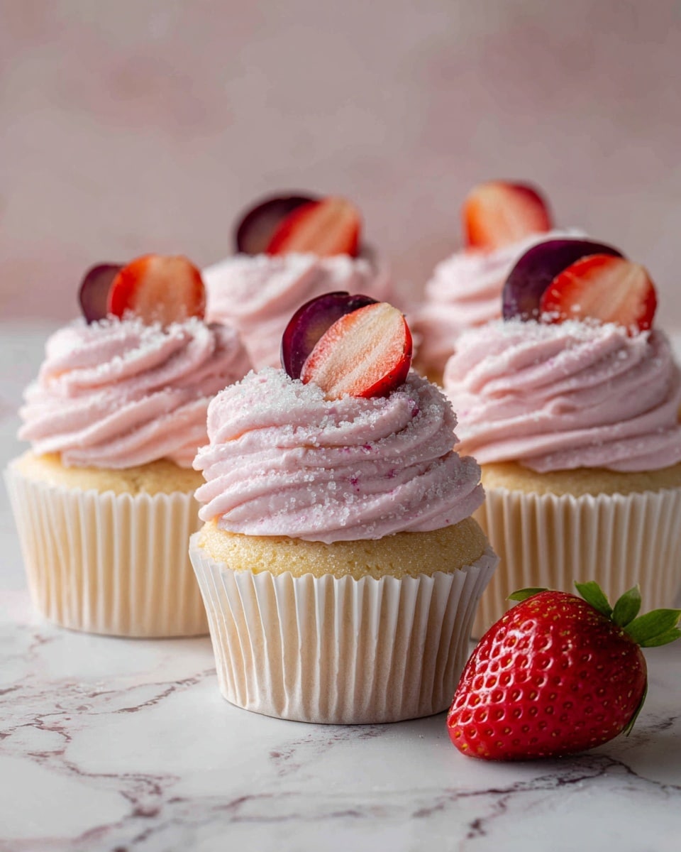 A close-up of several cupcakes each with two layers: the bottom layer is a light golden cake wrapped in a white paper liner, and the top layer is a tall swirl of pale pink frosting with a smooth, slightly fluffy texture. Each cupcake is topped with a fresh red strawberry half and a small dark red plum slice. A whole fresh strawberry sits on the white marbled surface near the front cupcake. A woman's hand is gently holding one cupcake in the background. The photo taken with an iphone --ar 4:5 --v 7