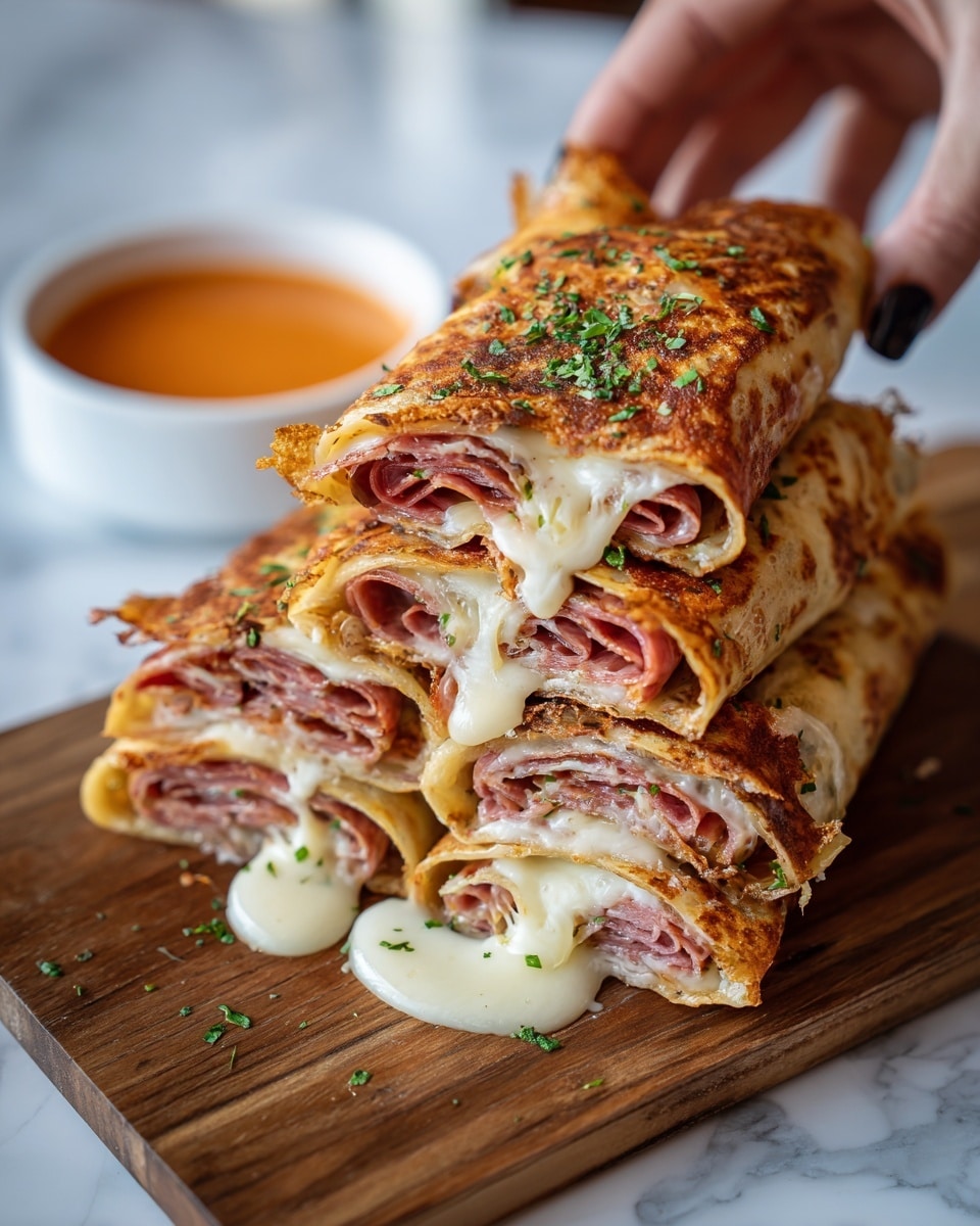 The image shows a stack of four rolled crepes filled with layers of thin pink meat slices and melted white cheese inside. The crepes are light golden brown with a slightly crispy texture and are sprinkled with small green herbs on top. Creamy sauce drips slowly from the ends of the rolls, adding a rich, smooth look. The rolls are placed on a wooden board, with a small white bowl of orange sauce in the background on a white marbled surface. A woman's hand is seen gently holding the top crepe, ready to pick it up. Photo taken with an iphone --ar 4:5 --v 7