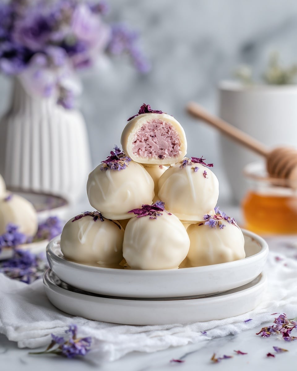A stack of round white chocolate-covered balls sits on two stacked white plates, each ball smooth and matte with tiny purple flower petals sprinkled on top and around them. One ball is cut open, revealing a soft pink striped filling inside. The plates rest on white gauze cloth that folds softly over a white marbled surface. In the background, soft purple flowers and a wooden honey dipper lie slightly out of focus, adding a delicate touch. Photo taken with an iphone --ar 4:5 --v 7