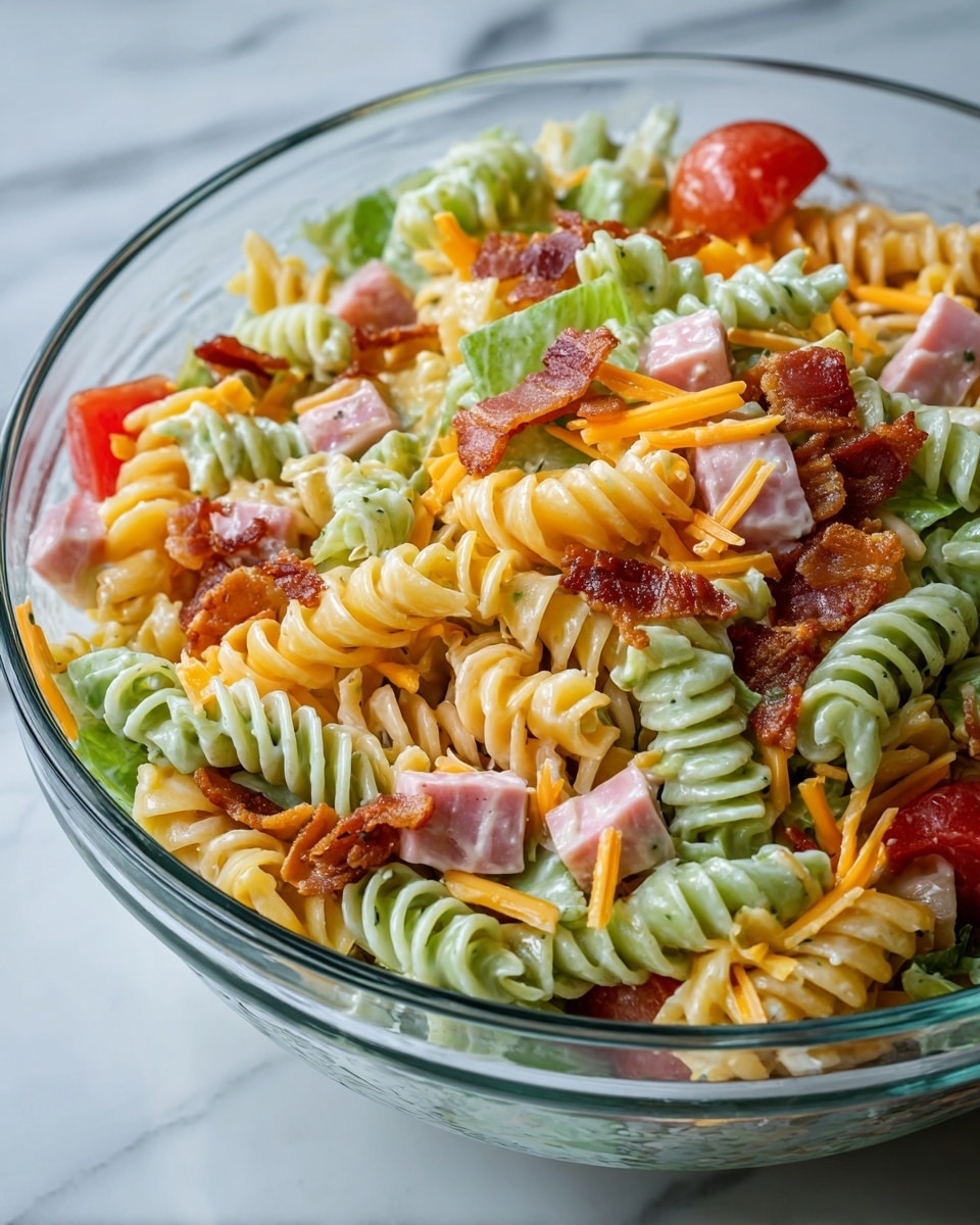 A close-up view of a multi-layered pasta salad in a clear glass bowl, featuring twisted rotini pasta in pale yellow, light green, and soft orange shades mixed with small cubes of pale pink ham, orange cheese, and light green lettuce. The pasta is coated with a creamy dressing that makes the ingredients look glossy, and scattered crispy pieces of browned bacon bits add texture across the salad. The glass bowl sits on a white marbled surface. photo taken with an iphone --ar 4:5 --v 7