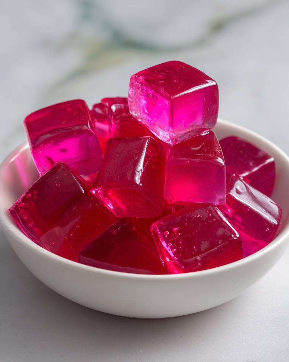 A white bowl filled with many small, shiny pink jelly cubes stacked on top of each other, showing slightly translucent and smooth surfaces that catch the light, resting on a white marbled texture background. photo taken with an iphone --ar 4:5 --v 7
