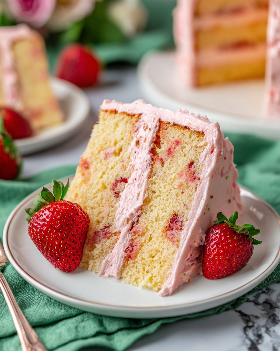 A close-up of a slice of three-layer strawberry cake on a white plate, with each layer of cake being light beige and textured with small strawberry pieces inside. Between each cake layer is a thick, light pink strawberry frosting that also covers the outside edge of the slice. To the right of the slice, there are whole and halved fresh strawberries adding bright red and green color contrast. The plate is placed on a green cloth with a white marbled surface beneath, and in the background, there is a blurred white cake stand holding more cake. Photo taken with an iphone --ar 4:5 --v 7