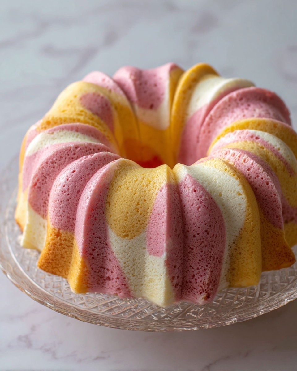 A pink, white, and yellow swirled bundt cake sits on a clear glass plate on a white marbled surface. The cake has three visible color layers smoothly mixed together, showing a soft texture with gentle air bubbles. The pink layer is the most dominant, with soft patches of white and yellow creating a marbled effect across the whole cake. The bundt shape has deep curving ridges that give the cake a wavy look. photo taken with an iphone --ar 4:5 --v 7