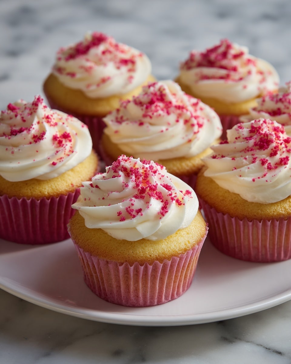 The image shows a group of small cupcakes on a white plate placed on a white marbled surface. Each cupcake has two layers: a light golden yellow base wrapped in a pink paper liner with a soft, spongy texture, and a thick swirl of smooth white frosting on top. The frosting is decorated with bright pink crumb sprinkles sprinkled evenly, adding a rough texture and bright color contrast to the cupcakes. Photo taken with an iphone --ar 4:5 --v 7