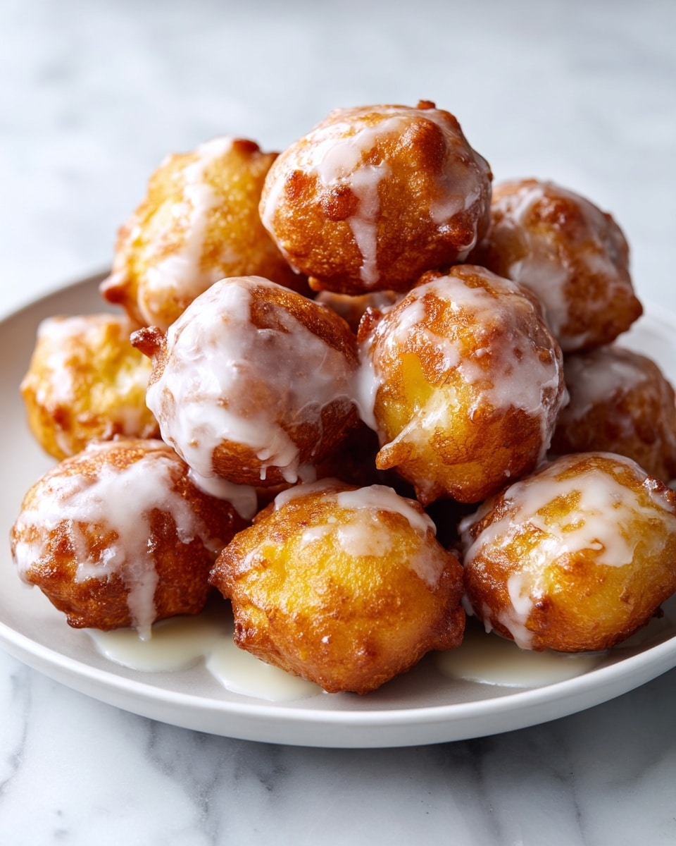 A white plate holds a pile of golden brown fritters, each covered with a thick, glossy white glaze that drips slightly down their uneven, crispy surfaces. The fritters are roughly round and show a textured, crunchy exterior with small dark brown spots where the batter has fried to a crisp. Some areas beneath the glaze reveal hints of soft yellow inside, giving a warm contrast. The plate and fritters sit on a white marbled surface, creating a clean and inviting food presentation. photo taken with an iphone --ar 4:5 --v 7