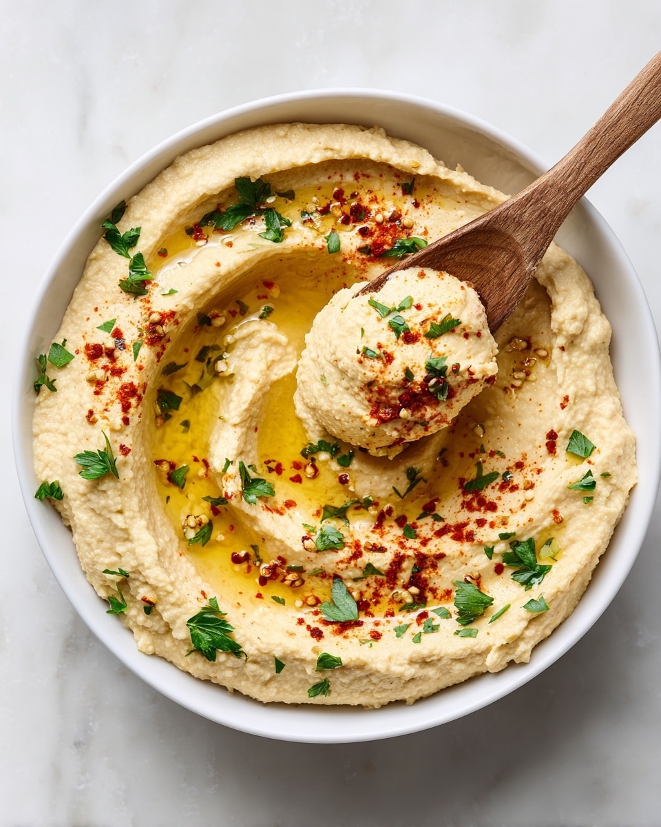 A white bowl filled with a creamy, beige hummus spread in a thick layer with a textured surface. The hummus has been swirled to create shallow ridges and a small mound in the center. A wooden spoon rests in the bowl, partially scooping the hummus, showing its soft texture. The hummus is topped with a drizzle of golden olive oil, sprinkled with red paprika, and garnished with small chopped green herbs scattered unevenly. The bowl sits on a white marbled surface. Photo taken with an iphone --ar 4:5 --v 7