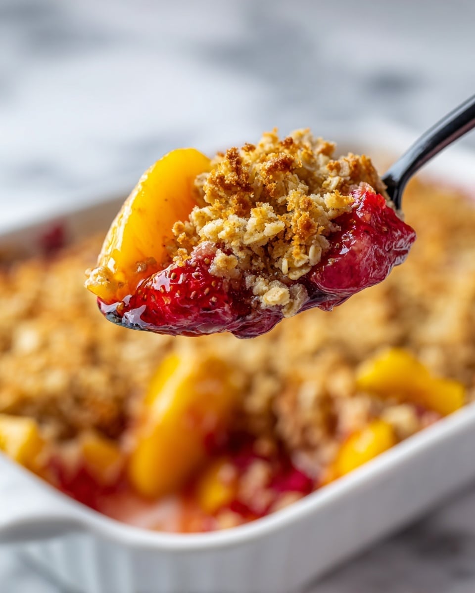 A close-up of a spoonful of fruit crumble showing three visible layers: the bottom layer is made of bright red strawberries and yellow peaches with a shiny, juicy texture; the middle layer is a thick syrupy glaze that coats the fruit; the top layer is a golden-brown crumbly oat topping with bits of oats and a slightly crisp texture. The spoon is black and held close to the camera, with the rest of the crumble in the white baking dish blurred in the background, all on a white marbled texture. Photo taken with an iphone --ar 4:5 --v 7