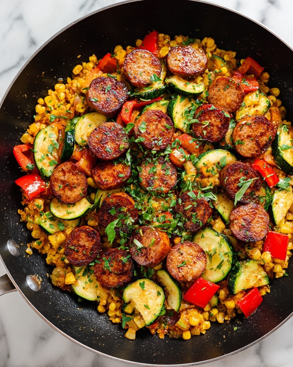A black pan filled with a cooked mix of sliced browned sausage pieces, bright yellow corn kernels, chopped red bell peppers, and green zucchini slices. The ingredients are scattered evenly throughout the pan, with small bits of fresh green herbs sprinkled on top. The vegetables look slightly roasted, giving a mix of soft and crisp textures. The pan is sitting on a white marbled surface with some fresh herbs in the background. photo taken with an iphone --ar 4:5 --v 7