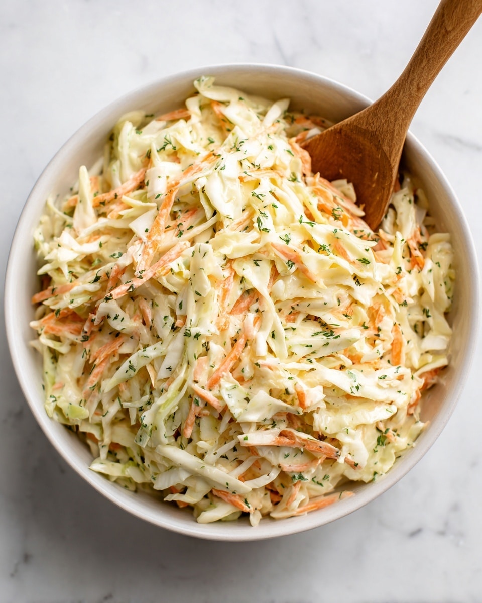 The image shows a clear glass bowl filled with coleslaw made of shredded white cabbage and thin carrot strips mixed together. The texture is creamy and slightly chunky, with a wooden spoon stirring the salad from the side. The colors are pale green, orange, and white, all lightly coated with a creamy dressing. The bowl sits on a white marbled surface. Photo taken with an iphone --ar 4:5 --v 7