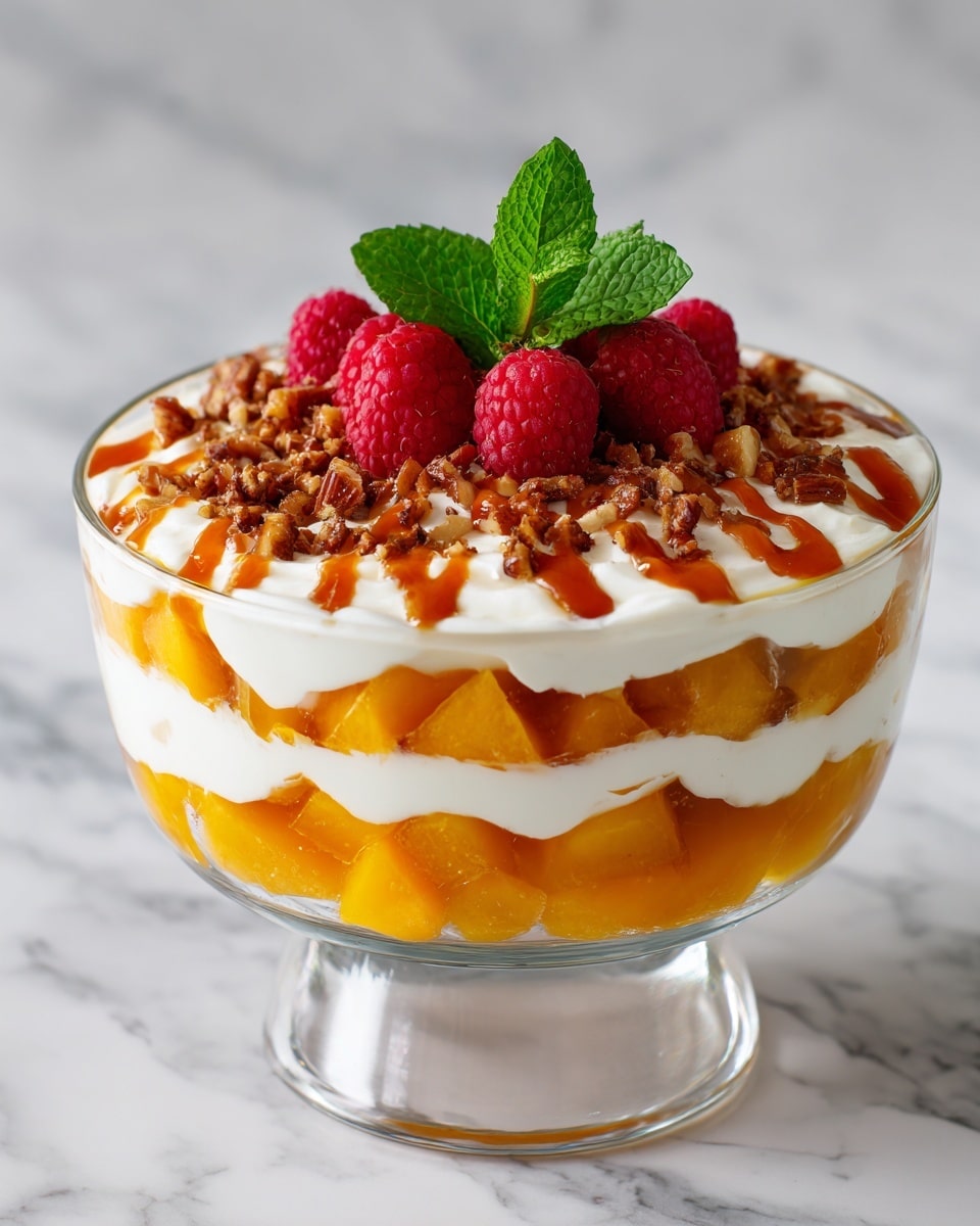 The image shows a clear glass bowl filled with a layered dessert placed on a white marbled surface. The bottom layer appears to be a mix of small yellow fruit chunks, likely peach. On top of this is a thick layer of creamy white cottage cheese or yogurt. The dessert is drizzled with a smooth, shiny caramel or honey sauce that flows over the edges. Scattered on the top are a few pecan pieces, adding texture, and fresh red raspberries providing bright pops of color. There is a small green mint leaf placed in the center for garnish. Photo taken with an iphone --ar 4:5 --v 7