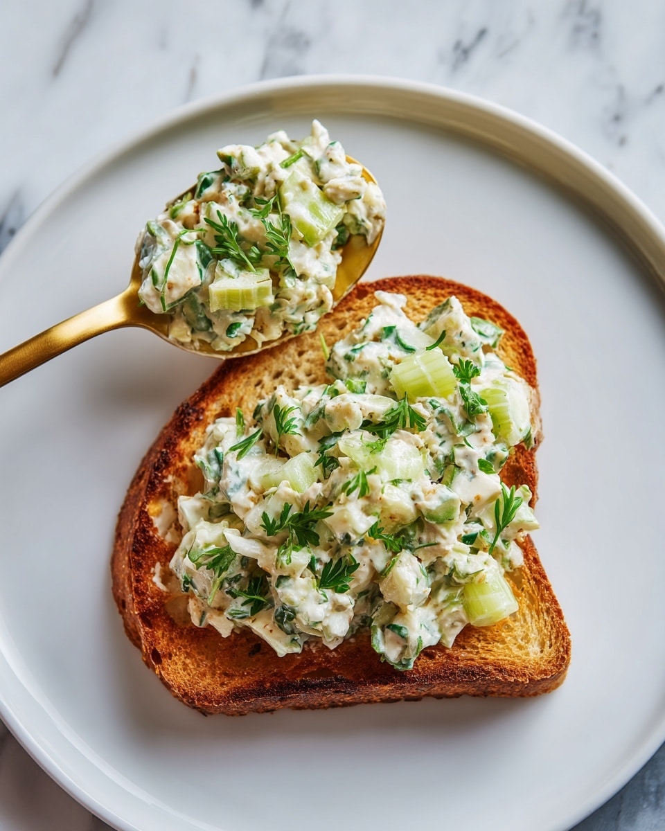 A single slice of golden toasted bread with a slightly crispy edge lies on a large white plate with a smooth, light beige finish. On top of the toast, there is a generous scoop of a creamy green salad mixture containing visible pieces of chopped herbs and light green vegetables, held in place by a golden spoon resting on the toast. The white marbled surface beneath the plate adds a clean and elegant backdrop to the simple but fresh presentation. Photo taken with an iphone --ar 4:5 --v 7