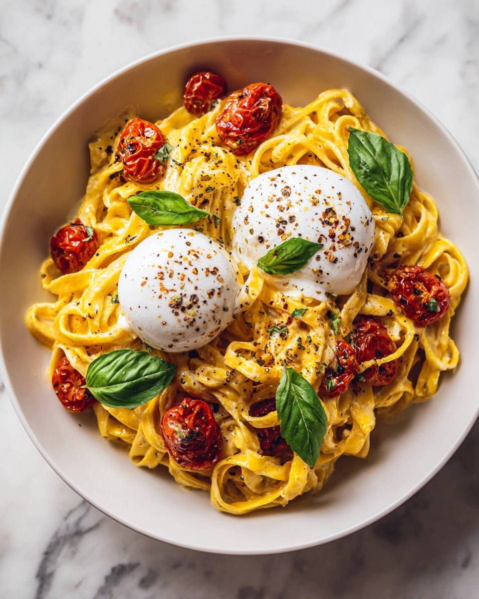 A white bowl holds a visually rich pasta dish with three layers: the bottom layer is thick, golden spaghetti noodles twisted together with a shiny, slightly oily texture; the middle layer features roasted cherry tomatoes that are deep red with wrinkled skins and small green basil leaves scattered around; the top layer has two large, smooth white balls of fresh mozzarella cheese sprinkled with coarse black pepper and red chili flakes, along with more bright green basil leaves for garnish. The bowl is set on a white marbled surface. photo taken with an iphone --ar 4:5 --v 7