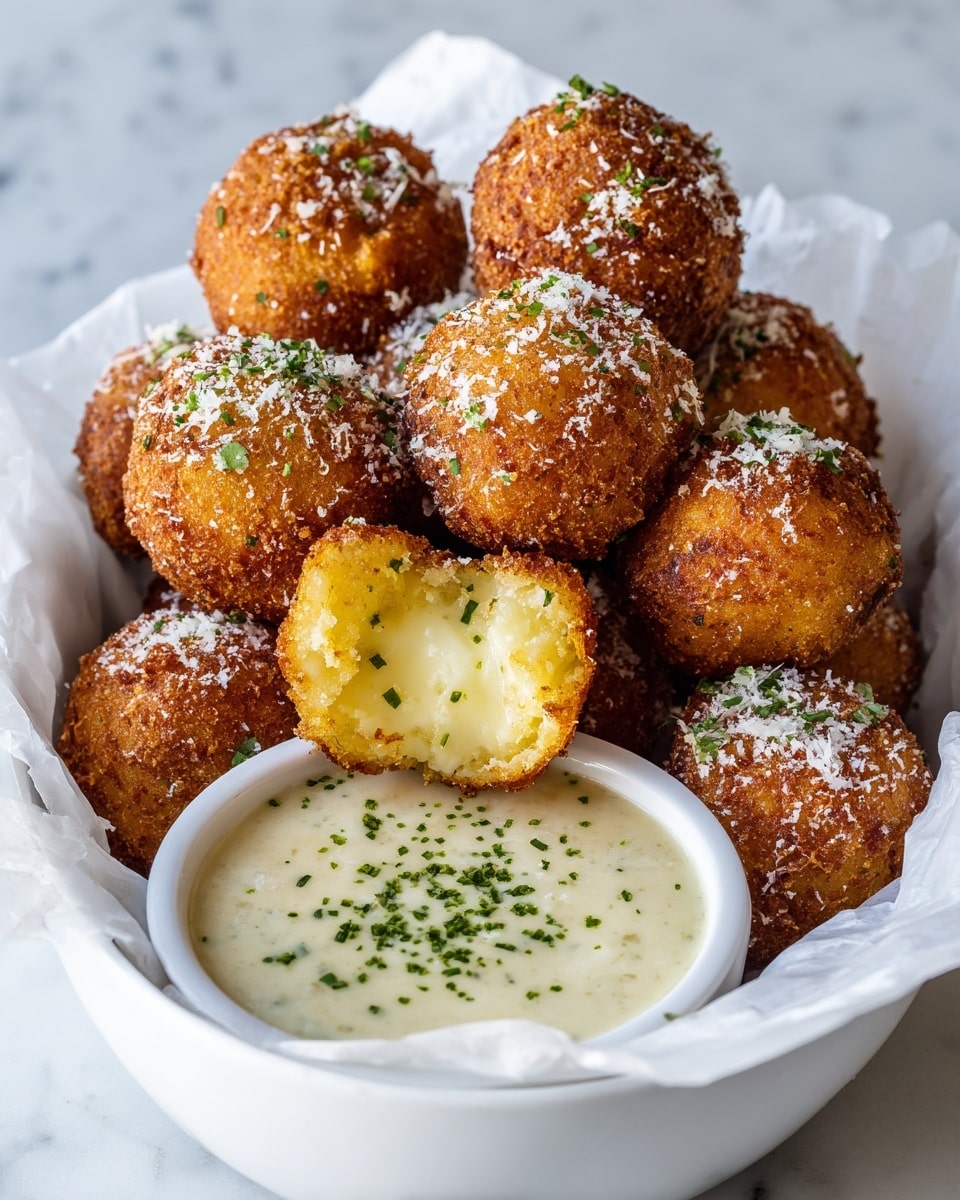 The image shows a white bowl lined with white paper, filled with golden-brown, crispy fried balls that have a textured coating sprinkled with small green herbs and grated white cheese. One of the balls is cut open, revealing a creamy, cheesy yellow inside with bits of green herbs. In the back of the bowl, a small white bowl holds a smooth white sauce topped with finely chopped green herbs. The bowl is set on a white marbled surface with natural light highlighting the texture and colors of the dish. Photo taken with an iphone --ar 4:5 --v 7