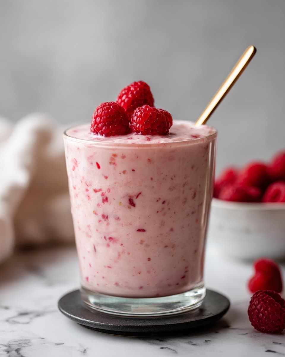 A clear glass filled with a creamy light pink smoothie containing small red raspberry pieces evenly spread throughout. On top, three whole raspberries are placed as a garnish. A gold-colored spoon is inserted into the glass, leaning slightly to the right. The glass sits on a small dark grey slate coaster, all set on a white marbled surface. Photo taken with an iphone --ar 4:5 --v 7
