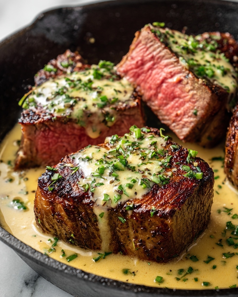 A close-up of a cast iron pan holding four thick-cut steaks, each piece showing a rich brown, grilled crust with seared grill marks on top. Each steak is topped with creamy herb butter that is melting, creamy white with green herb pieces scattered through it, blending with the yellow sauce pooling in the pan. The inside of the steaks show a pink, juicy texture indicating medium-rare cooking. Small green herb bits are sprinkled over the steaks and sauce, adding a fresh look. The pan is set on a table with a white marbled texture underneath. photo taken with an iphone --ar 4:5 --v 7