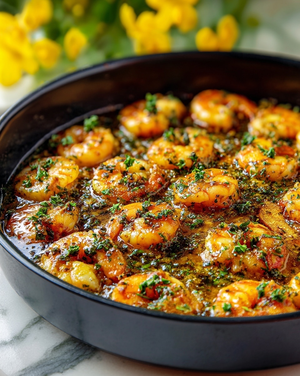 The image shows a white bowl filled with grilled shrimp arranged in a circular pattern, each shrimp having a golden-brown color with a slightly charred texture, topped with small green parsley leaves. The shrimp appear glossy with a light glaze and are placed on a white marbled surface with blurred green plants and yellow flowers in the background. A woman's hand is gently holding the bowl from the side. Photo taken with an iphone --ar 4:5 --v 7