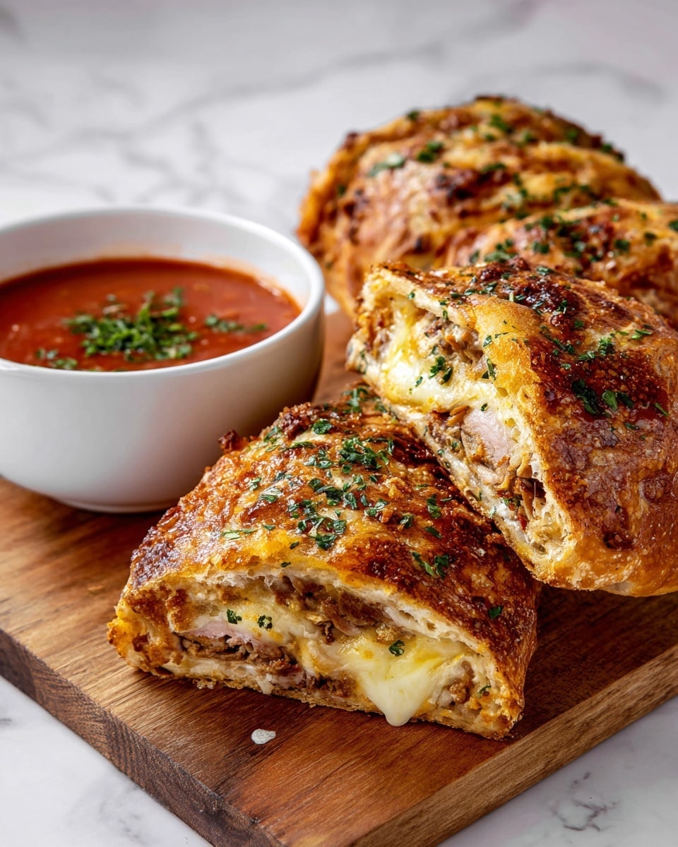 The image shows three golden-brown stuffed and baked pockets, with a crispy, bubbly cheese layer on top, garnished with chopped green herbs. One pocket is cut open, revealing a filling of ground meat mixed with melted cheese and small bits of tomato, showing a mix of light brown, white, and red colors inside. The pockets are placed on a wooden board. Next to them is a small white bowl filled with a dark red sauce topped with green herbs. The background is a white marbled texture. Photo taken with an iphone --ar 4:5 --v 7