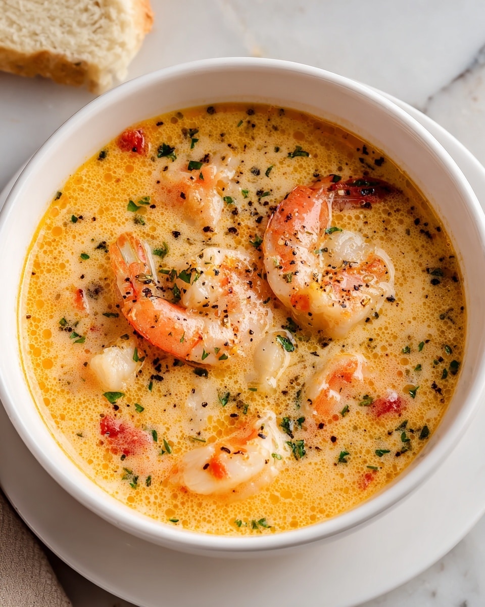 A white bowl filled with creamy orange soup, speckled with small pieces of red tomatoes and fresh green herbs scattered on top. Two large, bright orange shrimp with visible tails rest in the soup, surrounded by tender white chunks of fish. The soup has a smooth texture with some black pepper sprinkled evenly across the surface. The bowl sits on a white marbled background with some blurred green herbs and slices of bread in the corner for added color contrast. Photo taken with an iphone --ar 4:5 --v 7