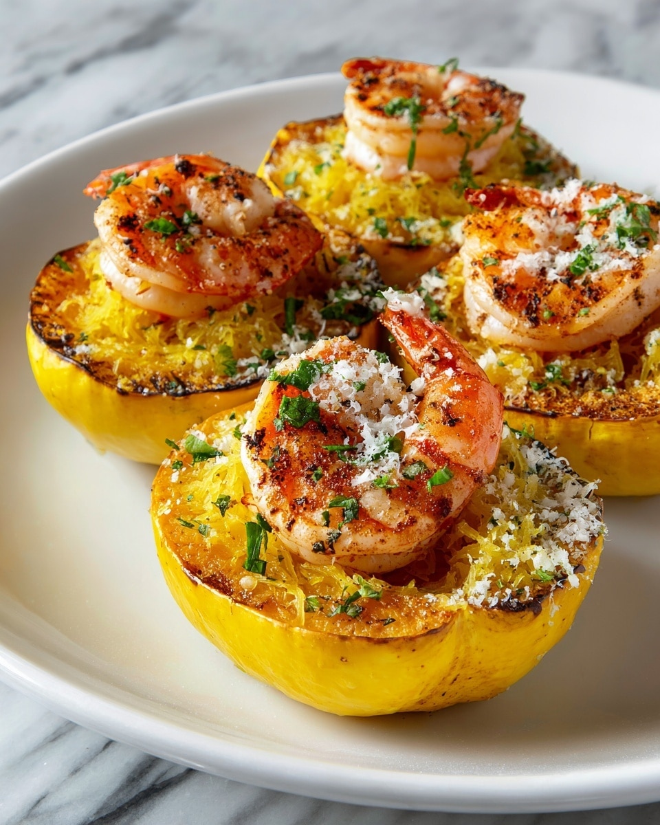 The image shows three yellow spaghetti squash halves placed on a white plate with a subtle textured pattern, set on a white marbled surface. Each squash half is filled with soft, cooked squash strands that have a slightly browned, roasted look. On top of this layer, there are two or three well-cooked shrimp with a pinkish-orange color and a slight char. The shrimp and squash are sprinkled with finely chopped green herbs and small bits of grated cheese, adding a fresh green and white contrast to the dish. The overall look is warm and inviting with a nice mix of textures. photo taken with an iphone --ar 4:5 --v 7