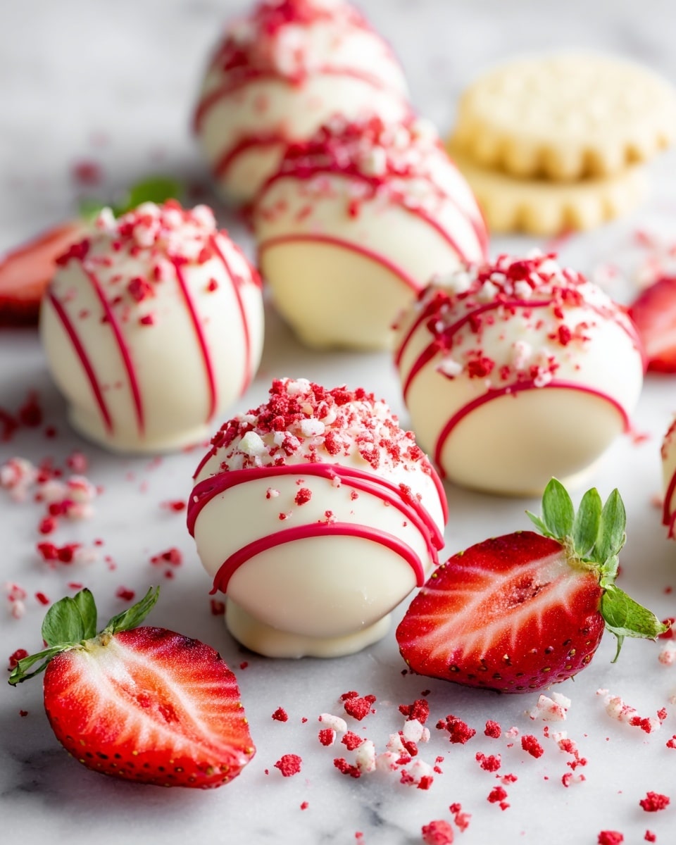 The image shows several round white treats with a smooth, glossy white coating, each drizzled with red lines on top and sprinkled with red crumbs. The treats are placed on a white marbled surface along with a white sandwich cookie, and fresh strawberry halves with bright red insides and green tops. The white coating looks thick and creamy, while the red drizzle and crumbs add a textured and colorful contrast. Photo taken with an iphone --ar 4:5 --v 7