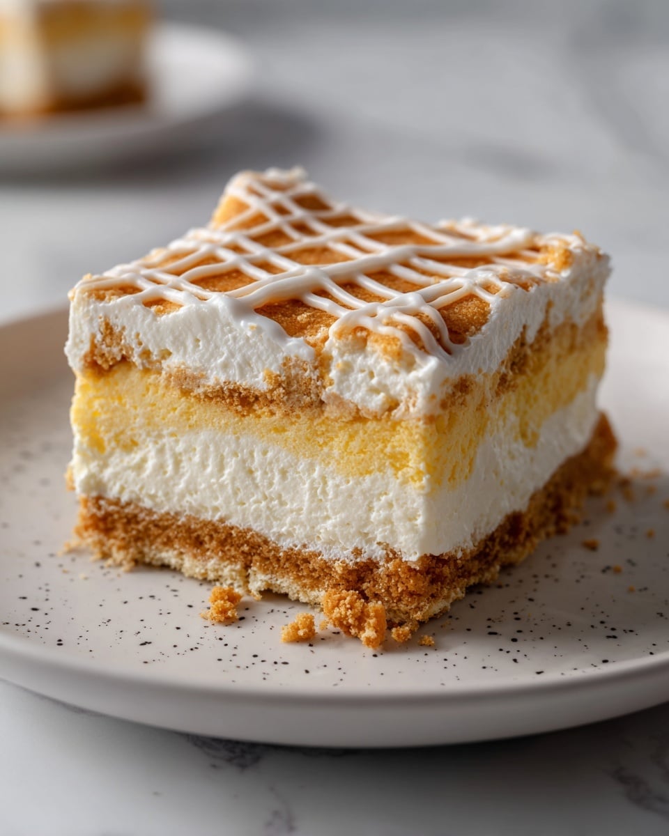 The image shows a close-up of a square layered dessert with four visible layers. The top layer is a light brown crumbly crust with a white decorative icing lattice. Below that is a thick, smooth white creamy layer followed by a thin crumbly orange-brown middle layer. The next layer is a second light brown crust, and at the bottom, there is another thick white creamy layer. The dessert sits on a white plate with small black speckles, all placed on a white marbled textured surface. Photo taken with an iphone --ar 4:5 --v 7
