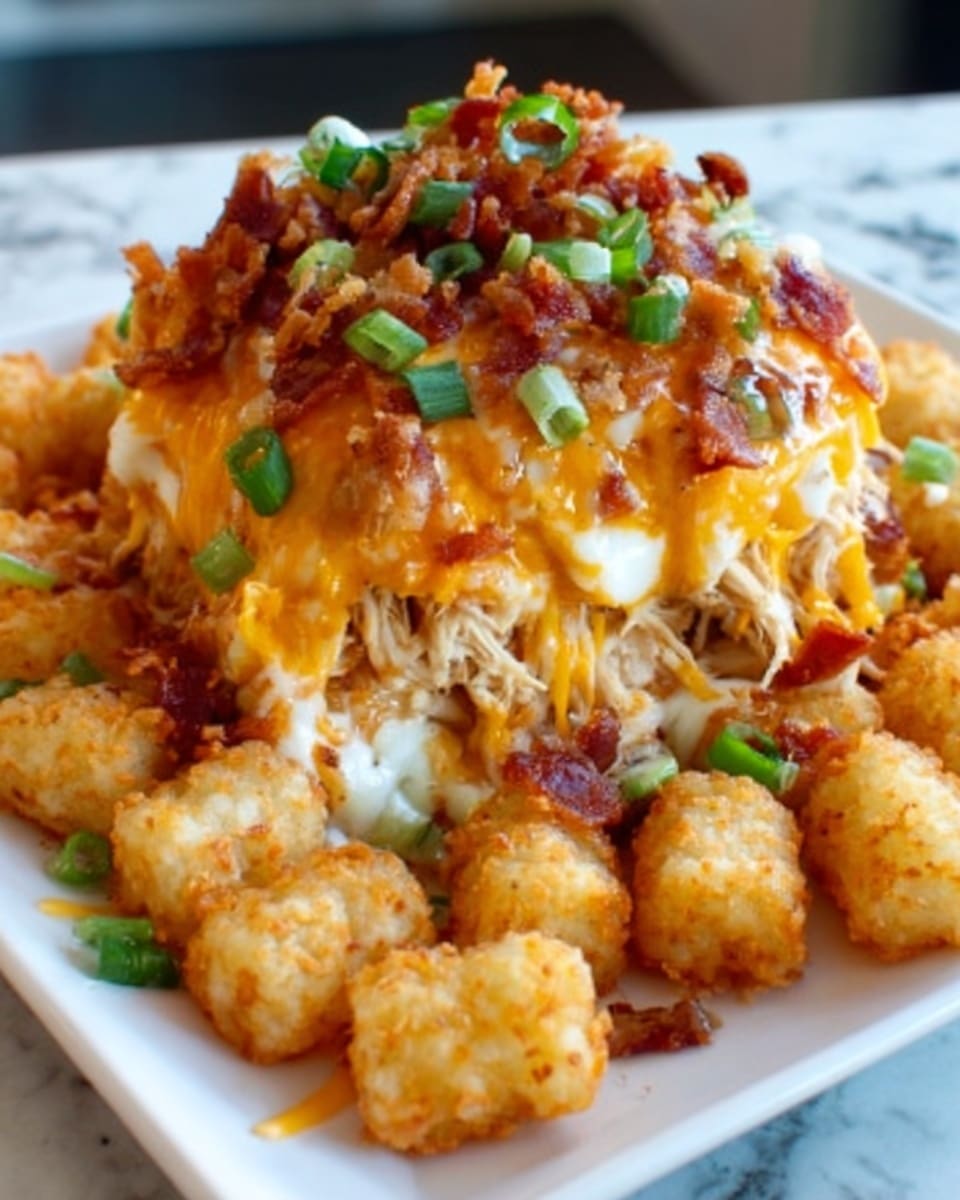 The dish shows a close-up of a hearty loaded casserole piece on a white plate, surrounded by crispy golden tater tots. The casserole has several visible layers: the bottom layer is shredded white chicken, packed tightly. Above that is a thick layer of creamy sauce or cheese, topped with melted orange cheddar cheese that stretches slightly as the casserole is cut open. Crispy bacon bits and bright green chopped scallions are scattered on top, adding texture and color contrast. The plate sits on a white marbled surface, with a woman's hand holding the edge of the plate. photo taken with an iphone --ar 4:5 --v 7