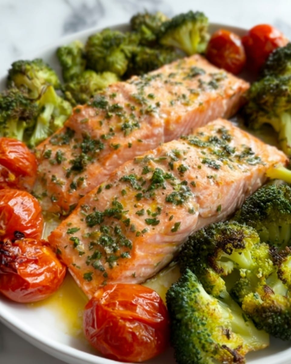 The image shows two cooked salmon fillets placed side by side on a white plate. The salmon pieces are pinkish-orange with some herbs sprinkled on top, and there is a light layer of olive oil giving them a slight shine. Around the salmon are bright green broccoli florets and small red cherry tomatoes, adding color contrast. The broccoli has a cooked texture with some charred edges, while the cherry tomatoes look soft and roasted. The background is a white marbled surface. Photo taken with an iphone --ar 4:5 --v 7