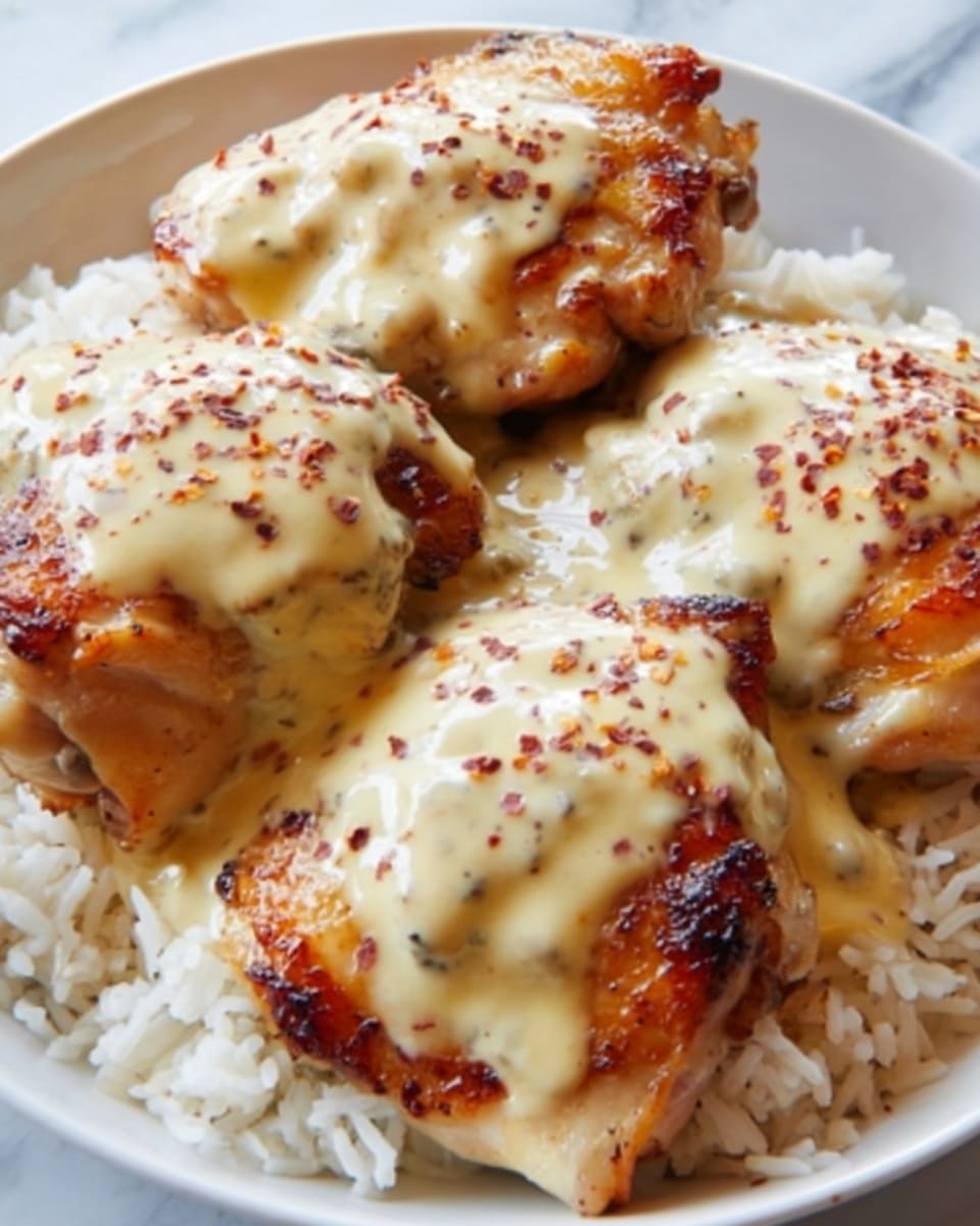 A close-up of a white plate filled with cooked white rice as the base layer, topped with several browned, grilled chicken thighs arranged closely together. Each chicken thigh is covered with a creamy pale yellow sauce that has a smooth texture and is sprinkled lightly with a reddish-orange spice, adding contrast to the dish. The chicken skin looks crisp and slightly charred on the edges, enhancing the rich golden brown and white colors, all placed on a white marbled surface. Photo taken with an iphone --ar 4:5 --v 7