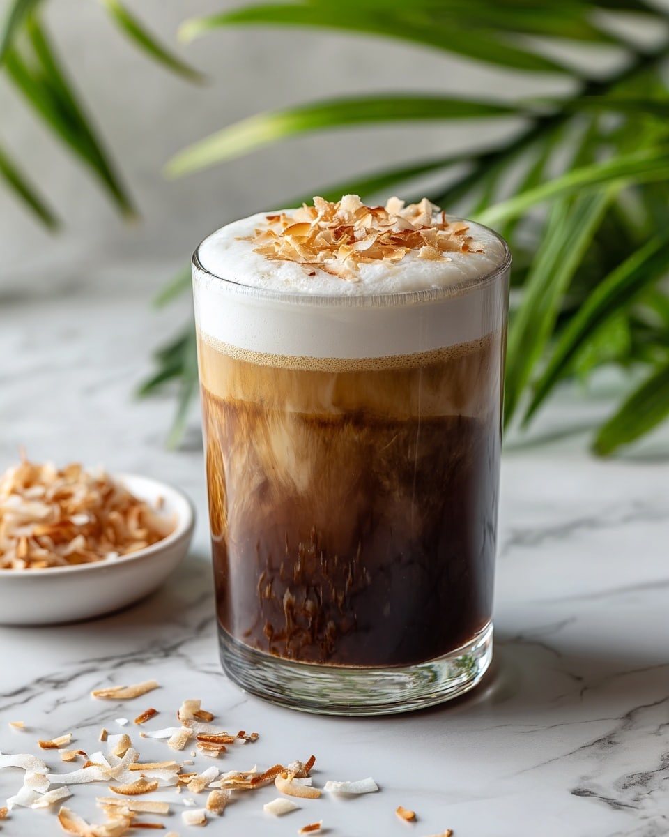 A clear glass filled with a three-layered drink sitting on a round white marble surface; the bottom layer is a deep brown coffee with faint streaks of lighter brown blending upward, the middle layer is a creamy light tan foam that occupies about a quarter of the glass, and the top layer is a thick white froth sprinkled with golden toasted coconut flakes. Next to the glass is a small white bowl containing more toasted coconut flakes, with a few flakes scattered around the marble surface. Green leaves offer a fresh background, creating a natural and inviting atmosphere. photo taken with an iphone --ar 4:5 --v 7