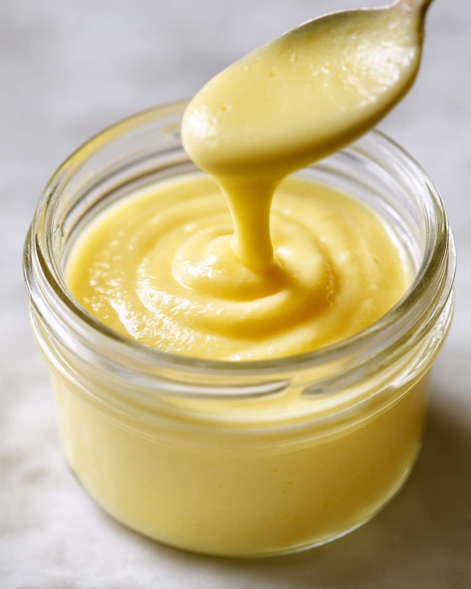 The image shows a close-up of thick, smooth, pale yellow sauce being slowly poured into a clear glass jar. The sauce flows in a steady stream, creating a small swirl as it lands on the surface inside the jar. The jar sits on a white marbled surface with soft, neutral background colors that are out of focus. The texture of the sauce looks creamy and velvety, filling the jar near the brim. photo taken with an iphone --ar 4:5 --v 7