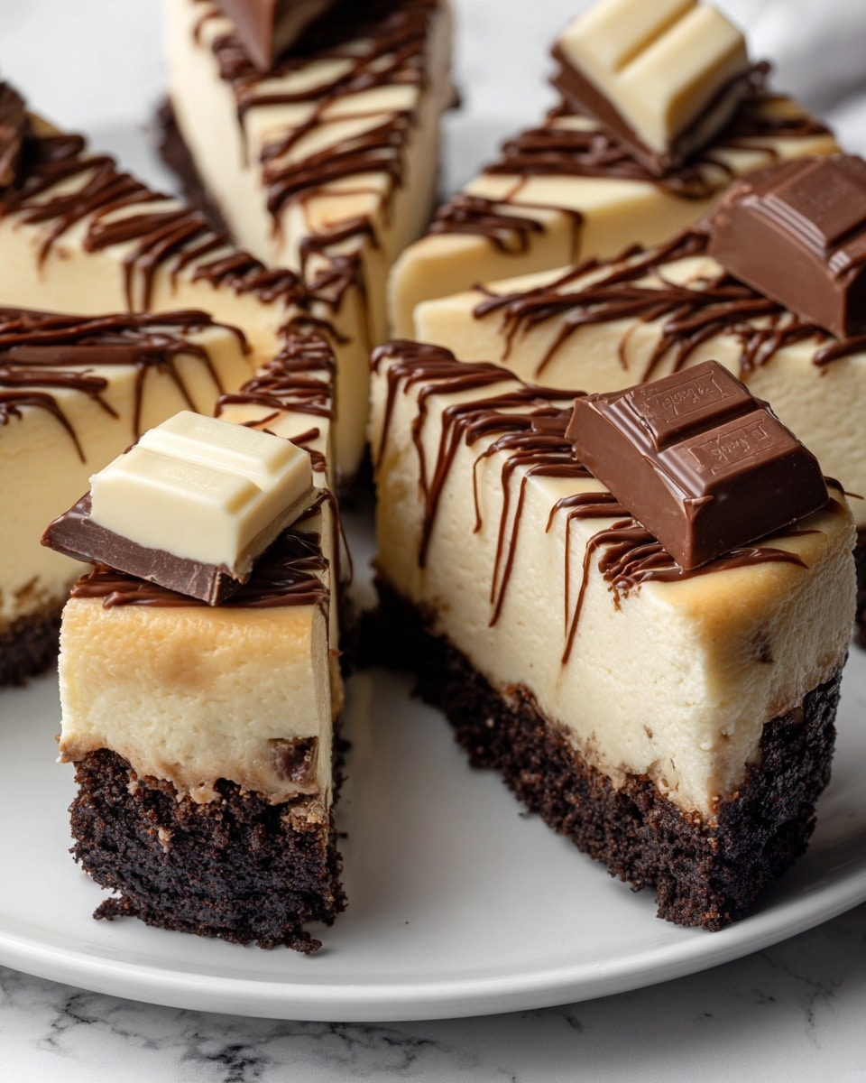 A round dessert sliced into multiple pieces, each slice showing three layers: a bottom dark chocolate crumb base, a thick middle creamy beige layer, and a lighter top layer covered with dark chocolate drizzle in thin lines. Each slice is decorated with a piece of dark or white chocolate on top, positioned near the edge. A woman’s hand is placing or adjusting one chocolate piece on a slice. The whole dessert is on a white plate, sitting on a white marbled surface. Photo taken with an iphone --ar 4:5 --v 7