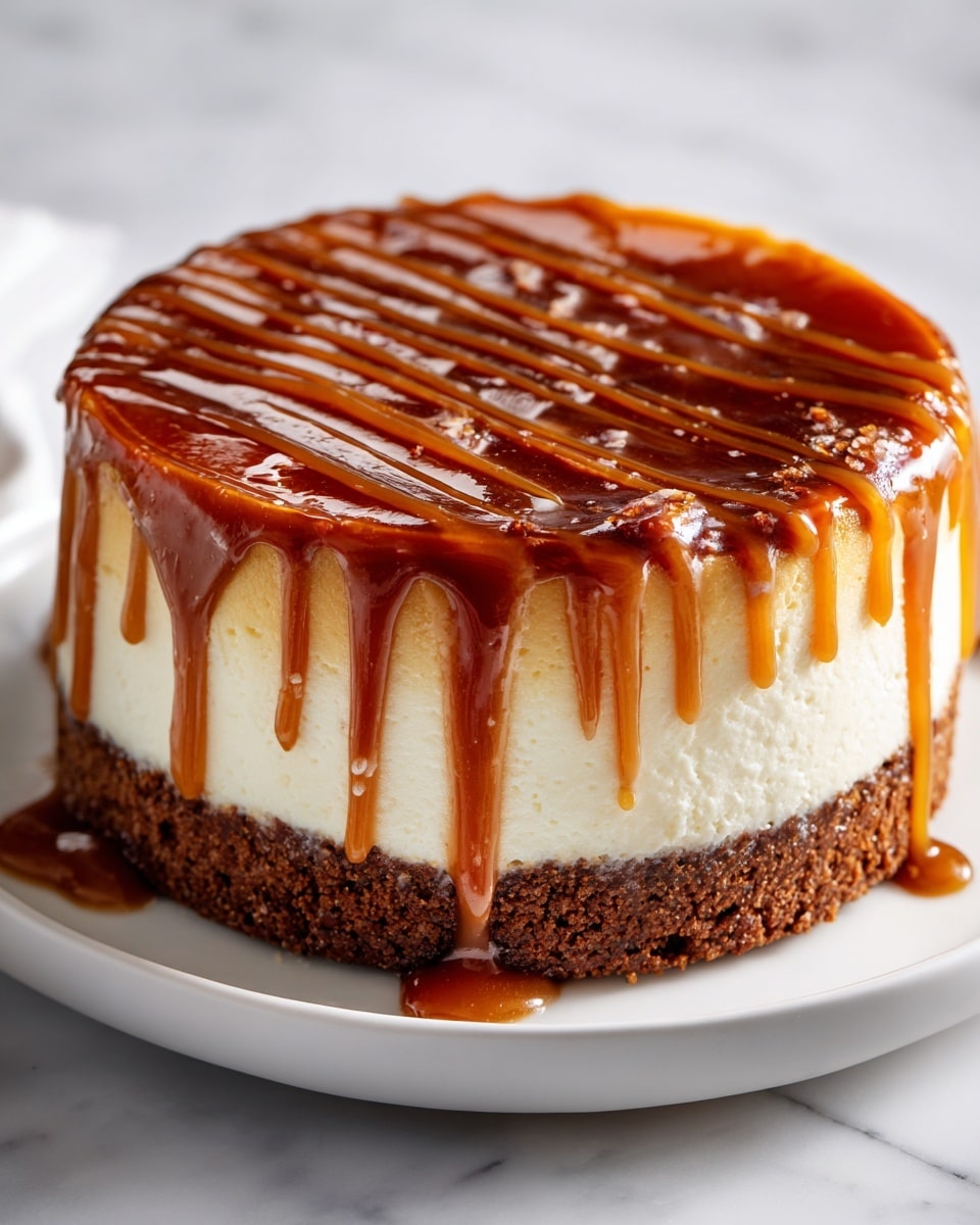 A round cheesecake sits on a white plate, showing three visible layers: a dark brown base made of a crumbly cookie crust, a thick middle layer of smooth, creamy white cheesecake, and a glossy caramel topping that drips down the sides in thick streams. The caramel has a shiny texture with fine lines running across the top. The background is a white marbled surface with soft natural light coming from the side. Photo taken with an iphone --ar 4:5 --v 7