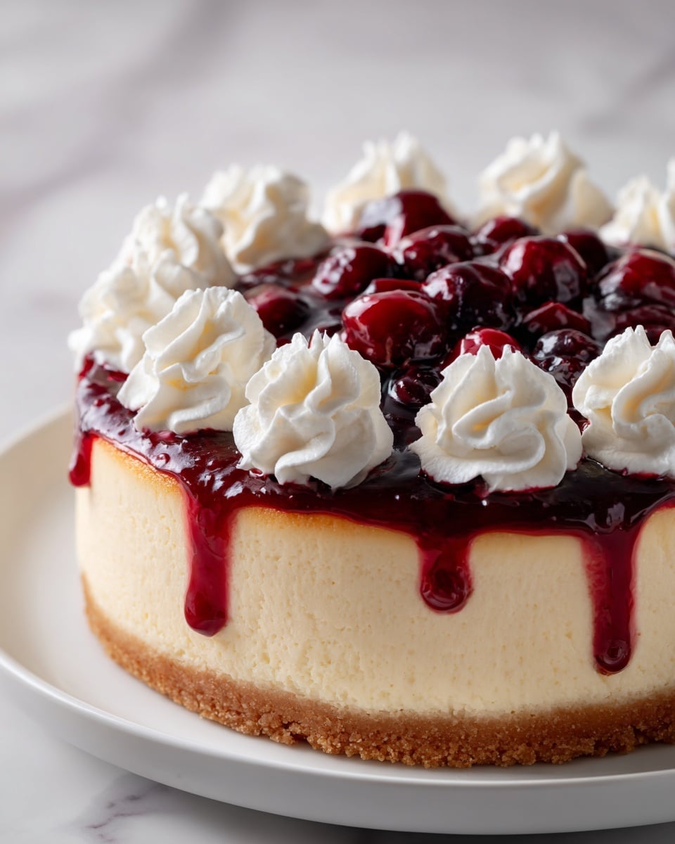 A round cheesecake with a thick, creamy light beige base layer sitting on a white cake stand. On top of the cheesecake is a shiny, bright red layer of raspberry topping, with some slight drips running down the side. Around the edge is a ring of white, fluffy whipped cream piped in large, even swirls. The background is a white marbled surface. Photo taken with an iphone --ar 4:5 --v 7