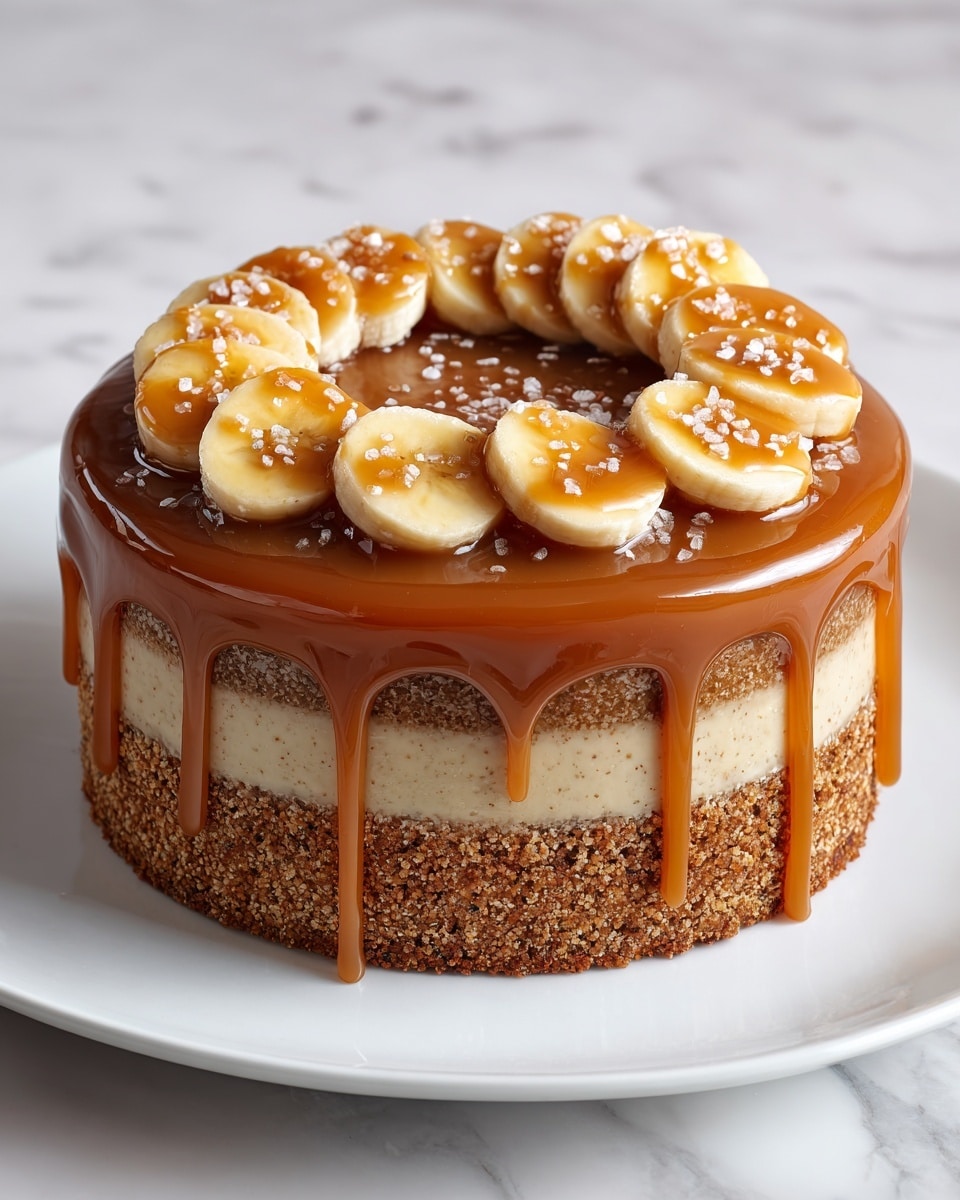 A round cake on a white plate with a dark brown crumbly base layer, topped by a thick light golden sponge cake layer, all covered with a shiny caramel glaze dripping down the sides. On top, there are two rows of banana slices arranged in a circle, each slice coated with the same caramel glaze and sprinkled lightly with coarse sugar crystals. The background is a white marbled texture and a gray cloth is partially visible under the plate. photo taken with an iphone --ar 4:5 --v 7