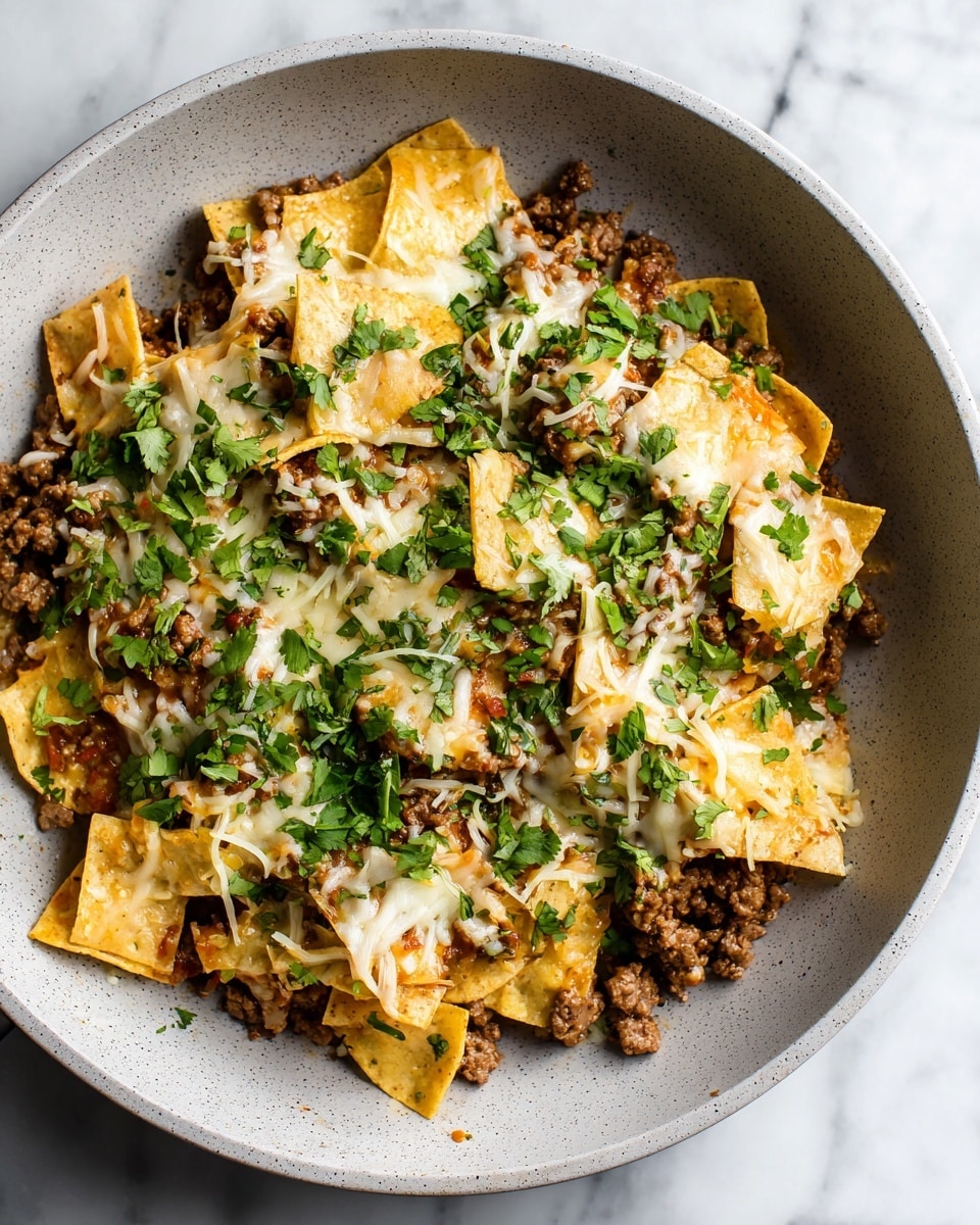 A close-up view of a skillet filled with several layers of food: the bottom layer is a mix of cooked ground beef with a slightly crumbly texture and brown color, interspersed with small pieces of red and green vegetables. On top of the beef layer are scattered pieces of yellowish tortilla chips, some slightly browned at the edges. The topmost layer is melted shredded cheese, creamy yellow with hints of orange, spread unevenly and mixed with fresh chopped green herbs sprinkled generously across. The skillet has a light gray speckled interior, and the dish sits on a white marbled surface. Photo taken with an iphone --ar 4:5 --v 7