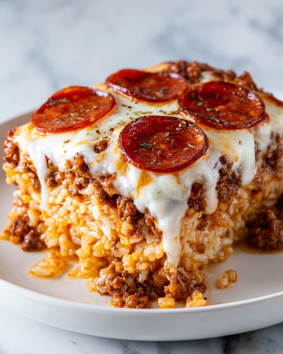 A close-up of a layered dish on a white plate, showing three main layers: the bottom layer is a mixture of cooked rice and ground meat with a brown, slightly crumbly texture, the middle layer is melted white cheese that looks creamy and soft, and the top layer consists of shiny, red pepperoni slices spread evenly over more cooked ground meat and melted cheese. The edges have a bit of oil and sauce leaking out, giving it a juicy and rich look. The photo is taken on a white marbled texture surface. photo taken with an iphone --ar 4:5 --v 7