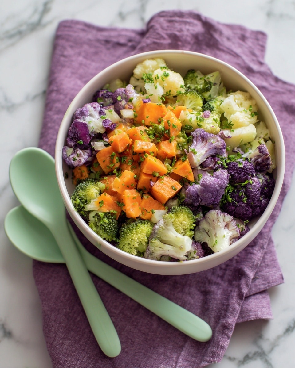 A white bowl filled with a colorful mix of small cauliflower florets in three colors: white, orange, and purple, evenly spread and slightly piled above the bowl's edge. The cauliflower pieces show a natural, rough texture with some greenish stalk bits visible, giving a fresh look. The bowl sits on a purple cloth napkin, placed on a white marbled surface, with two light green spoons next to it. The lighting is soft and natural, highlighting the vibrant colors and texture of the cauliflower. photo taken with an iphone --ar 4:5 --v 7